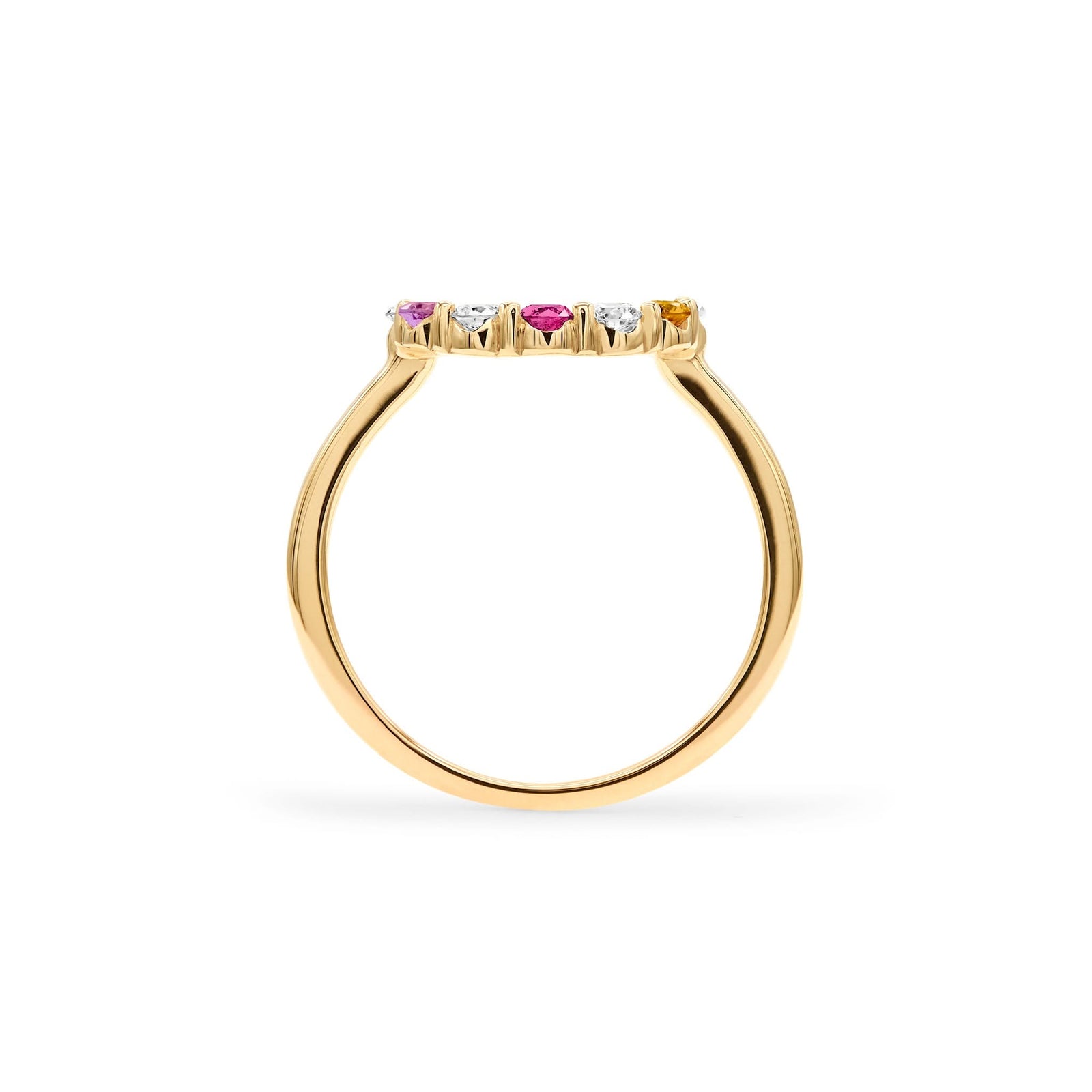 Rainbow Rosecliff Small Circle Ring with six rainbow hued gemstones alternating with six 2 mm diamonds set in solid 14k white gold - standing view