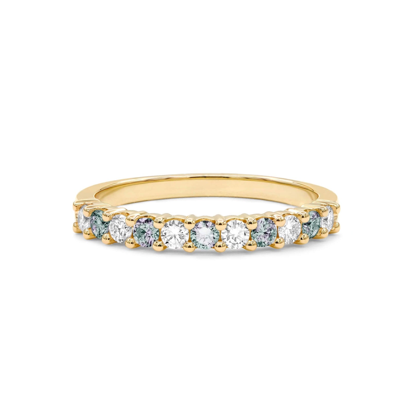 Rosecliff stackable ring featuring eleven alternating 2mm faceted round cut alexandrites and diamonds prong set in 14k gold