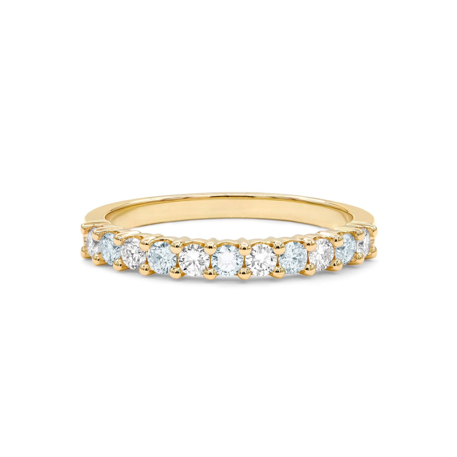 Rosecliff stackable ring featuring eleven alternating 2mm round cut aquamarines and diamonds prong set in 14k yellow gold