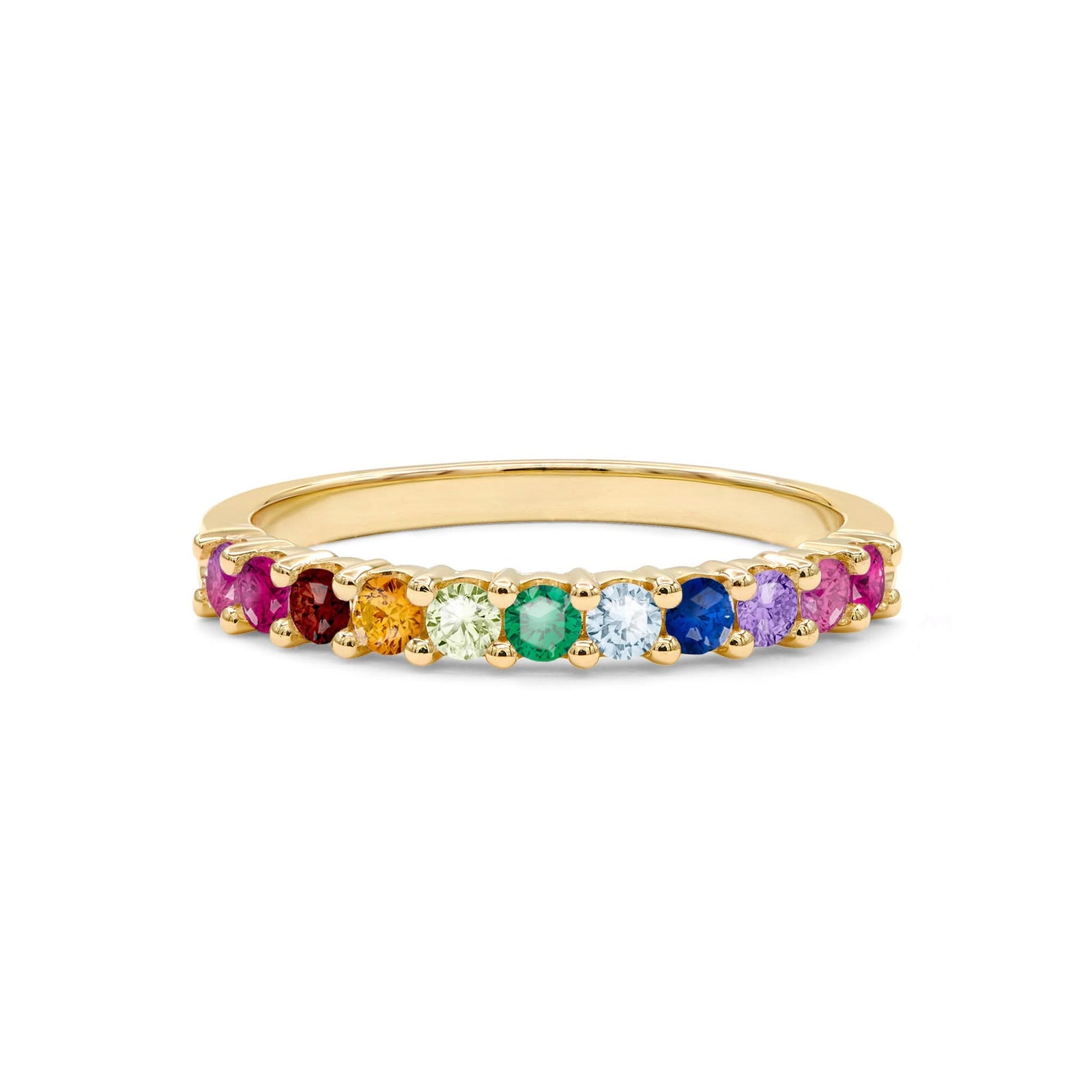 Rainbow Rosecliff stackable ring with 2mm rubies, citrines, emeralds, sapphires, amethysts and pink sapphires in 14k Yellow Gold