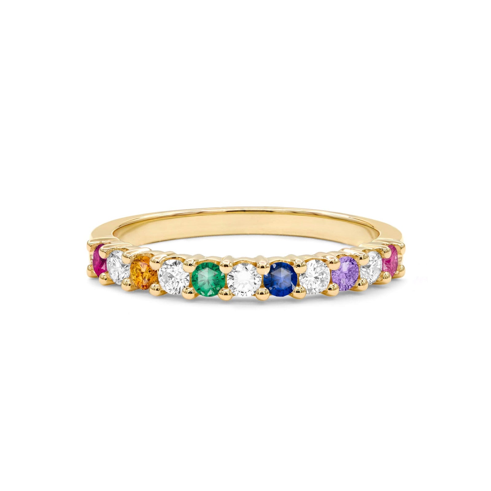 Rainbow Rosecliff stackable ring with 2mm rubies, citrines, emeralds, sapphires, amethysts, pink sapphires, and diamonds