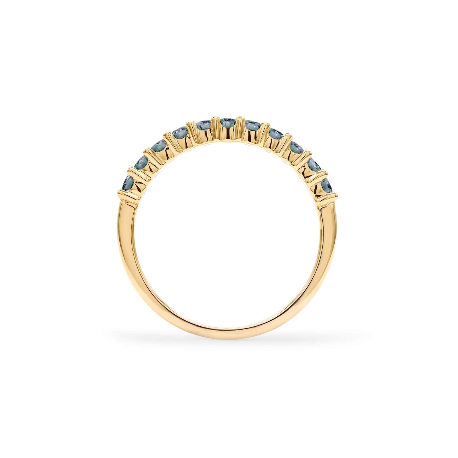 Rosecliff stackable ring featuring eleven 2 mm faceted round cut alexandrites prong set in 14k yellow gold - standing view