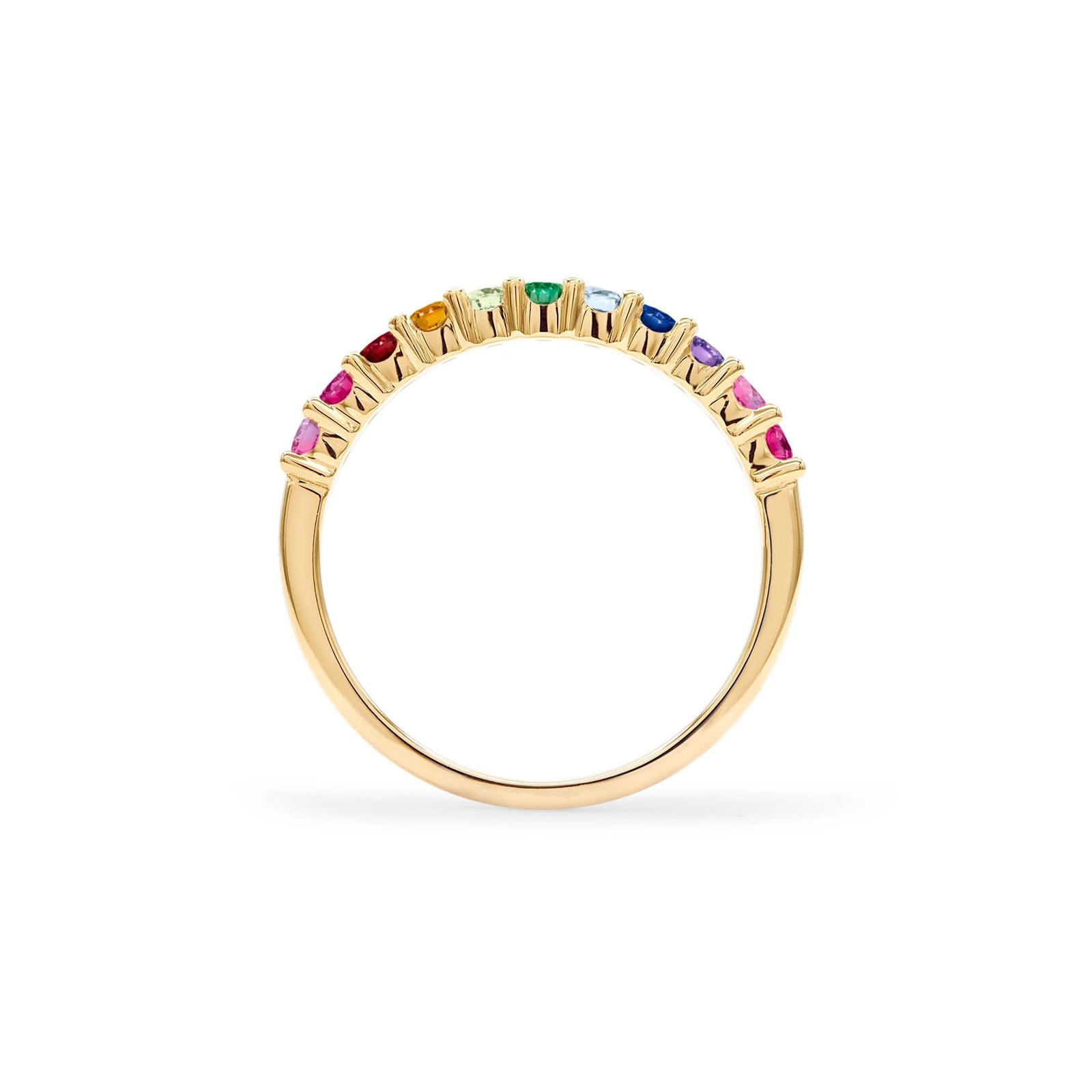 Rainbow Rosecliff stackable ring with 2mm rubies, citrines, emeralds, sapphires, amethysts and pink sapphires in 14k Yellow Gold - standing view