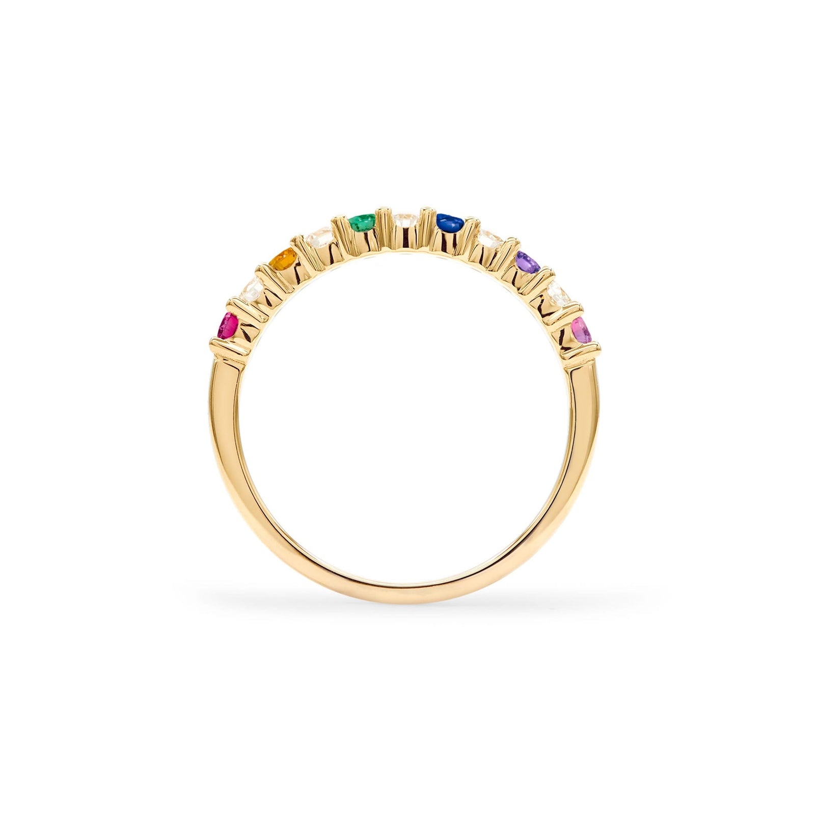 Rainbow Rosecliff stackable ring with 2mm rubies, citrines, emeralds, sapphires, amethysts, pink sapphires, and diamonds - standing view
