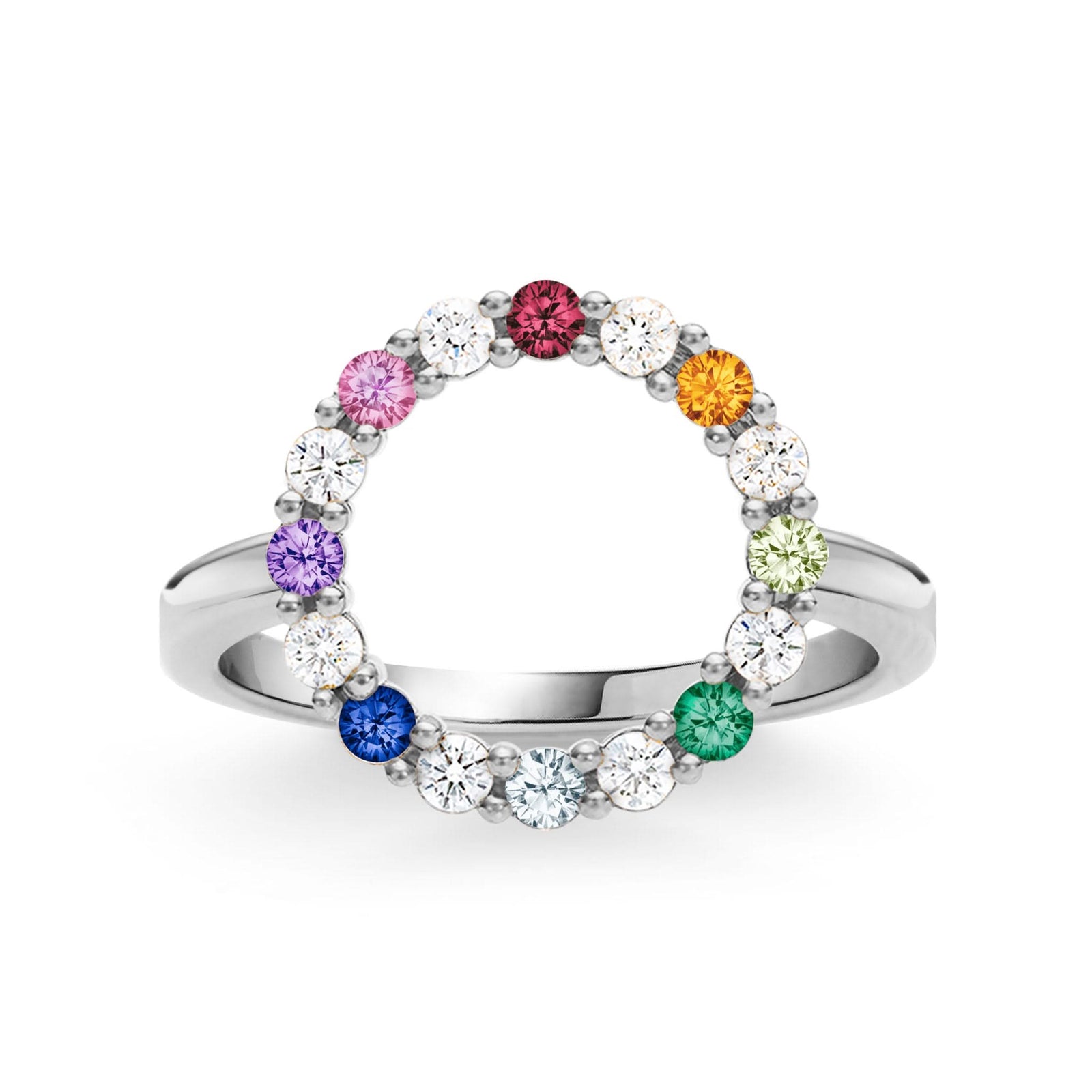 Personalized Rainbow Rosecliff Circle Ring in 14k white gold with accent diamonds - front view