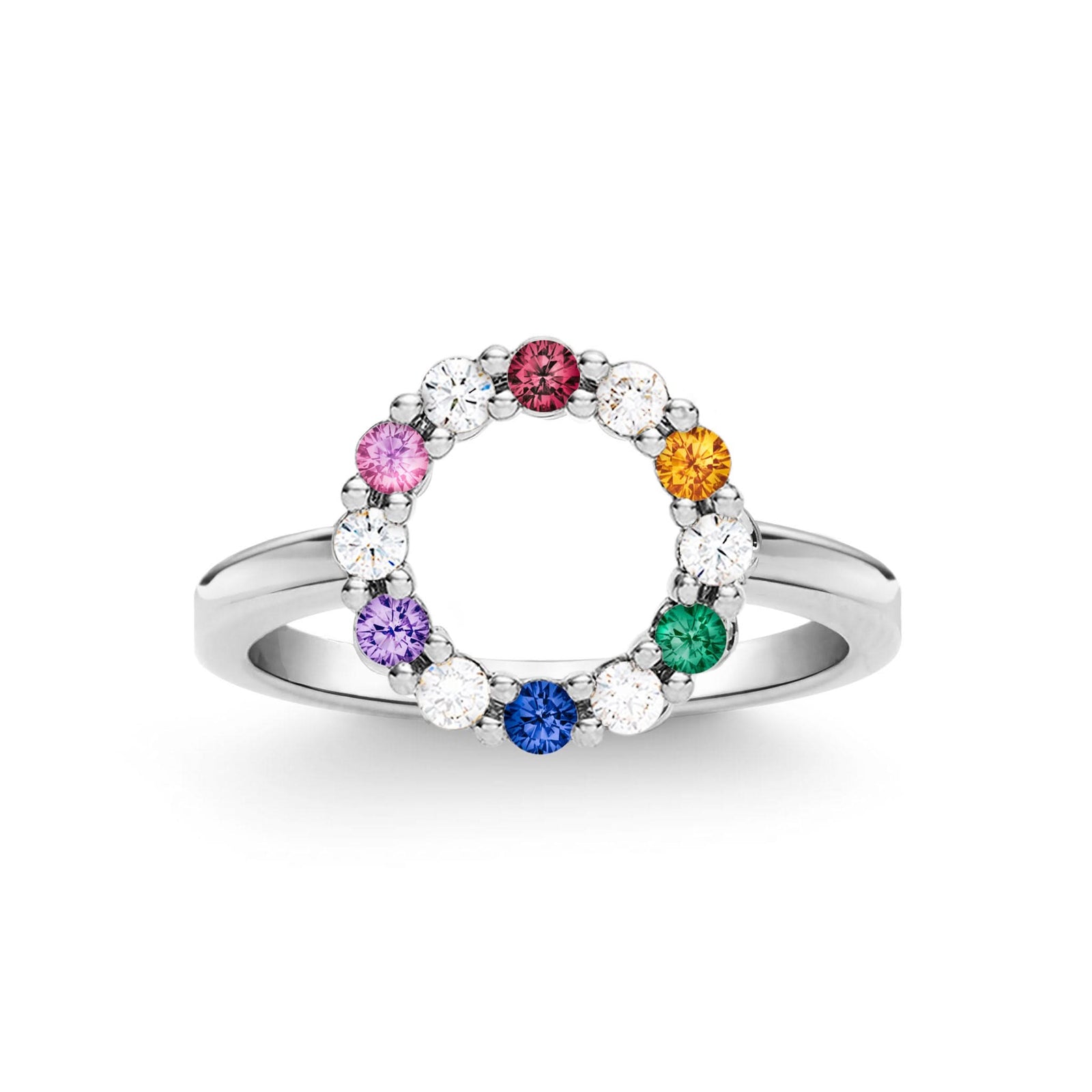 Rainbow Rosecliff Small Circle Ring with six rainbow hued gemstones alternating with six 2 mm diamonds set in solid 14k white gold - front view