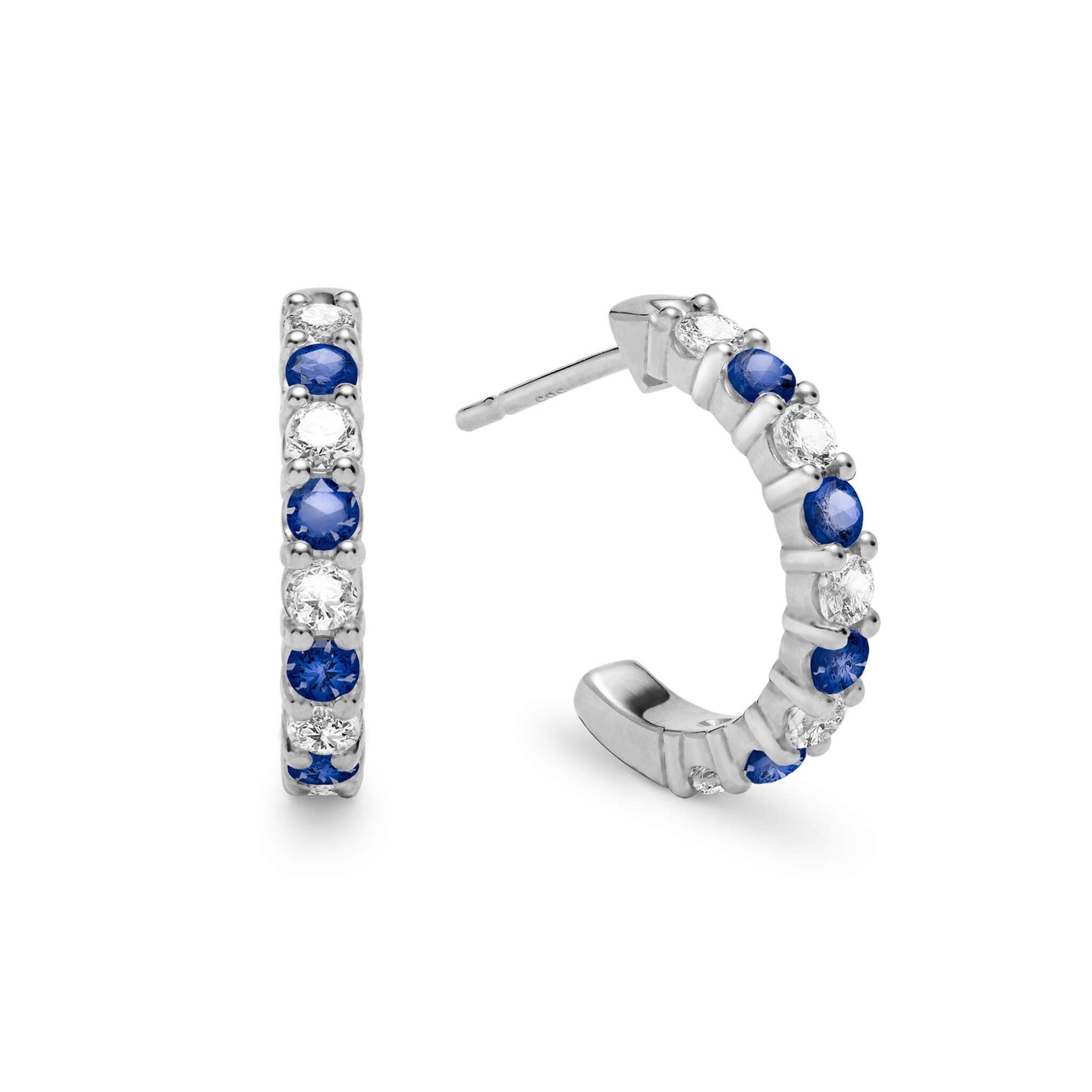 Two Rosecliff huggie earrings in 14k white gold each featuring nine alternating 2mm round cut sapphires and diamonds