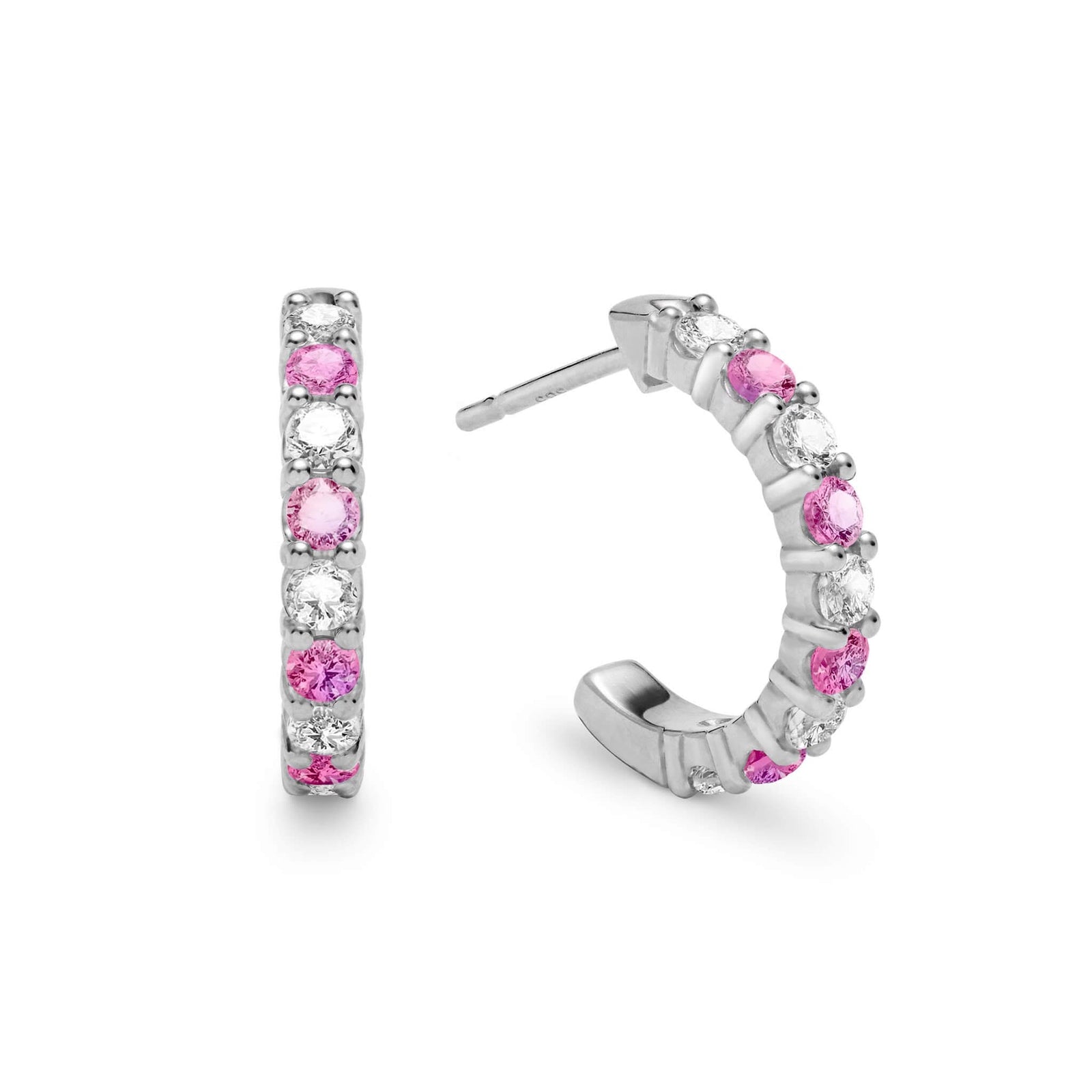 Two Rosecliff huggie earrings in 14k white gold each featuring nine alternating 2mm round cut pink sapphires and diamonds