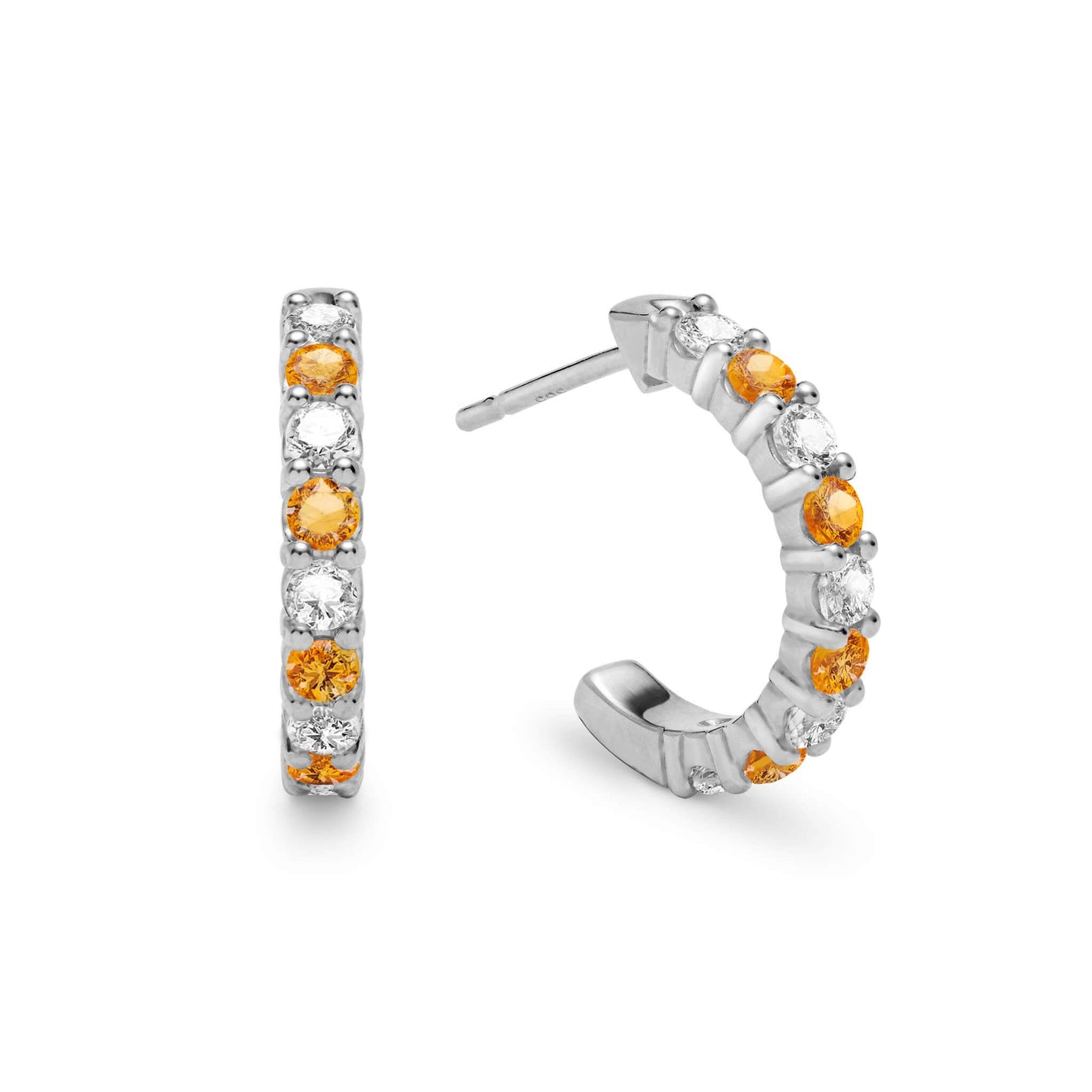 Two Rosecliff huggie earrings in 14k white gold each featuring nine alternating 2mm round cut prong set citrines and diamonds