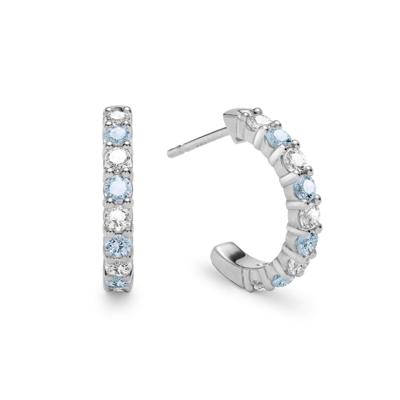 Two Rosecliff huggie earrings in 14k white gold each featuring nine alternating 2mm round cut Nantucket blue topaz & diamonds