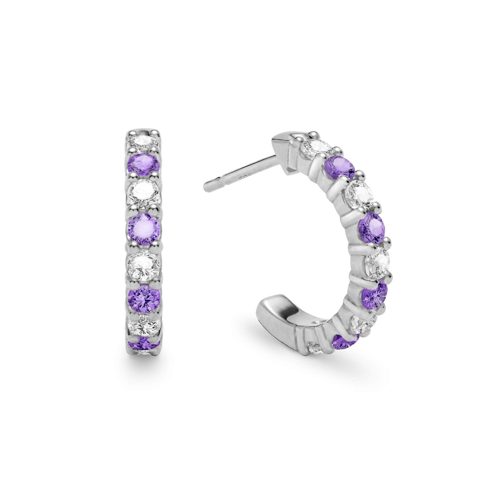 Two Rosecliff huggie earrings in 14k white gold each featuring nine alternating 2mm round cut amethysts and diamonds