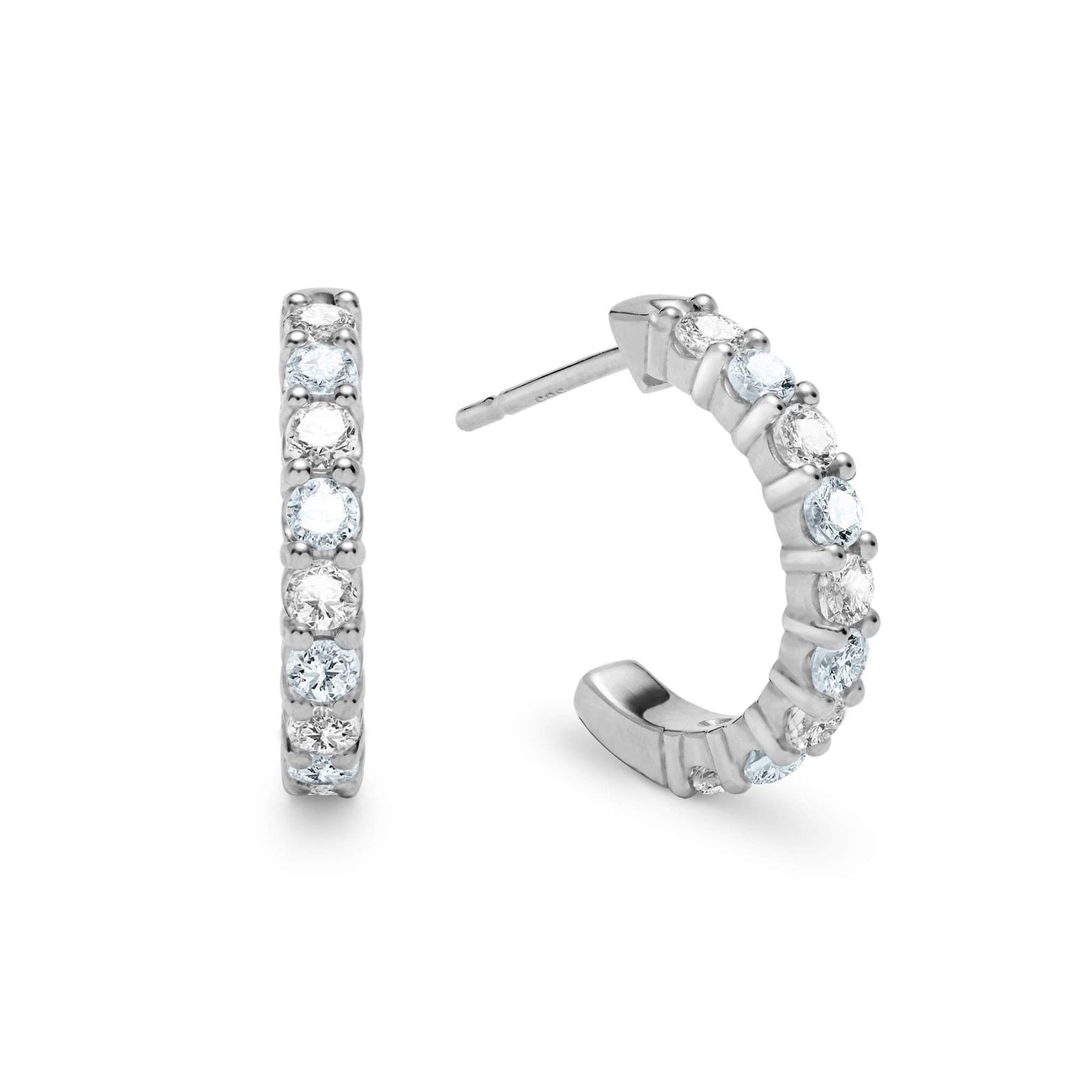 Two Rosecliff huggie earrings in 14k white gold each featuring nine alternating 2mm round cut aquamarines and diamonds