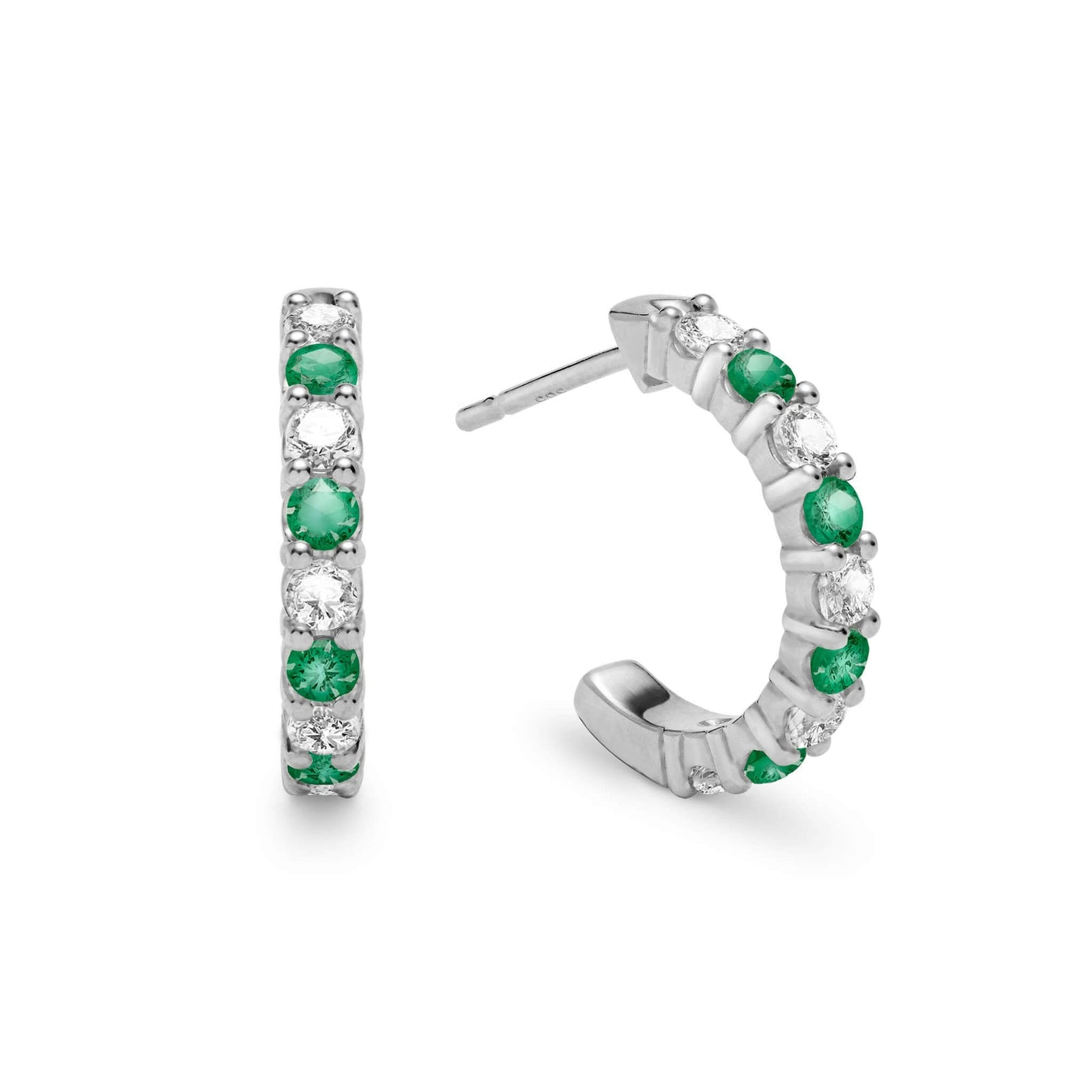 Two Rosecliff huggie earrings in 14k white gold each featuring nine alternating 2mm round cut emeralds and diamonds