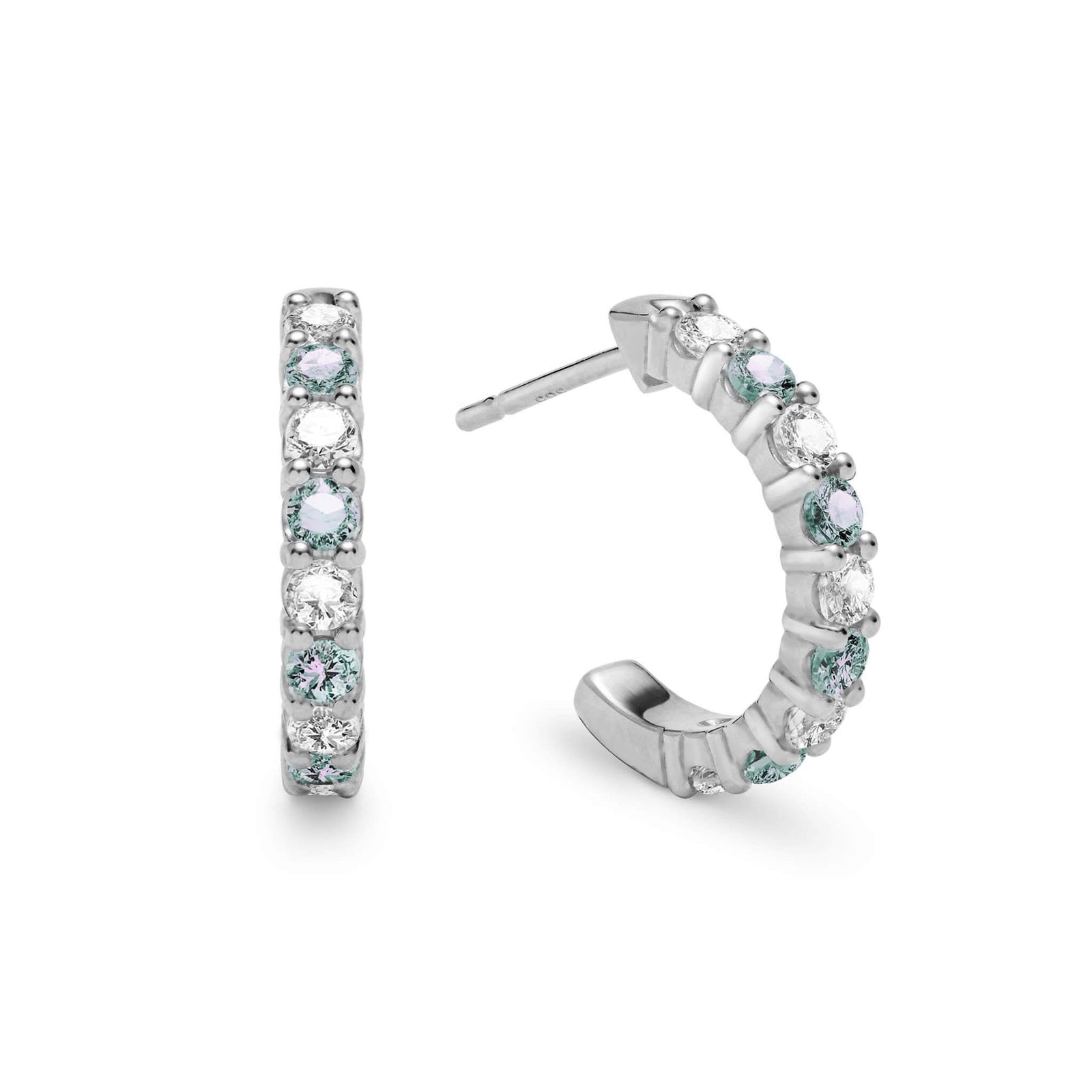 Two Rosecliff huggie earrings in 14k white gold each featuring nine alternating 2mm round cut alexandrites and diamonds