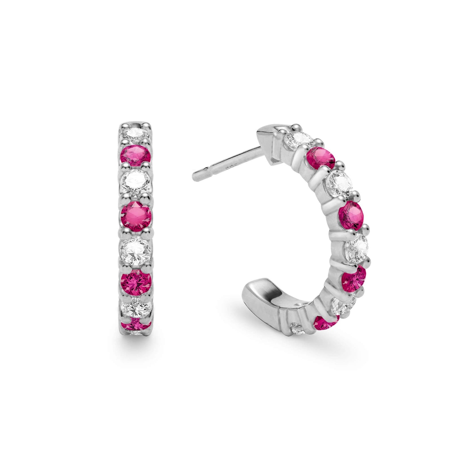 Two Rosecliff huggie earrings in 14k white gold each featuring nine alternating 2mm round cut rubies and diamonds