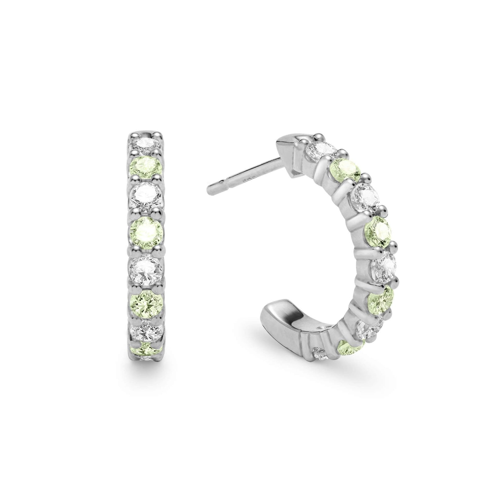 Two Rosecliff huggie earrings in 14k white gold each featuring nine alternating 2mm round cut prong set peridots and diamonds