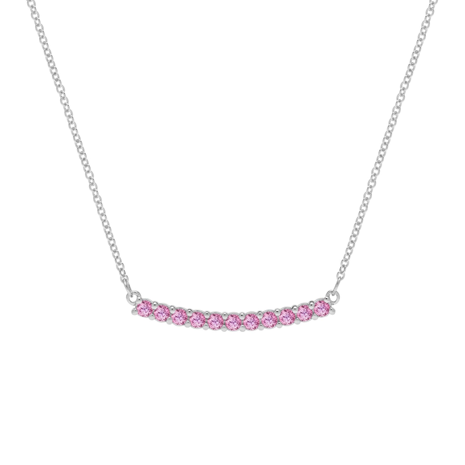 Rosecliff bar necklace with eleven 2 mm faceted round cut pink sapphires prong set in solid 14k white gold