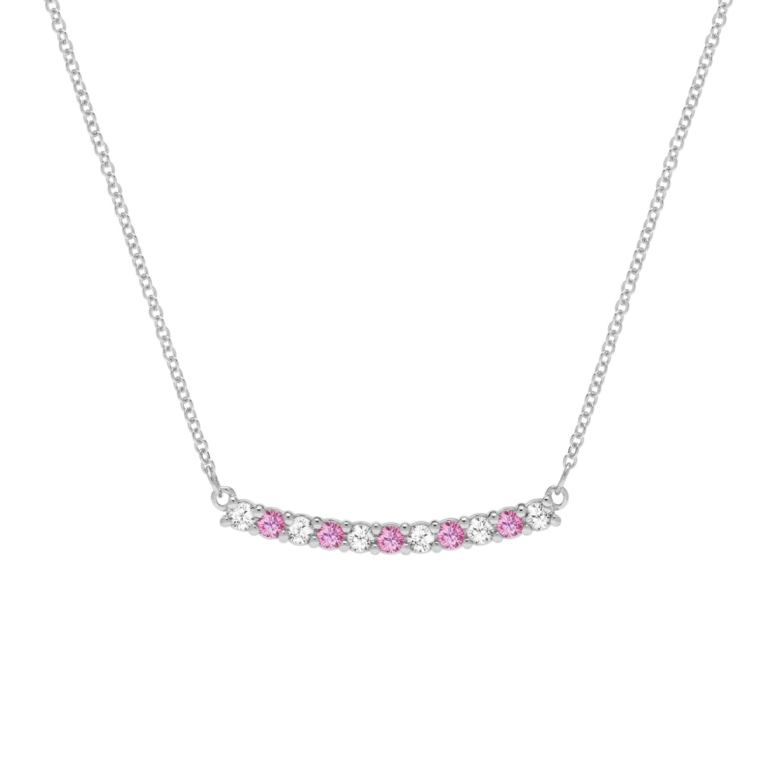 Rosecliff bar necklace with eleven alternating 2 mm faceted round cut pink sapphires & diamonds prong set in 14k white gold