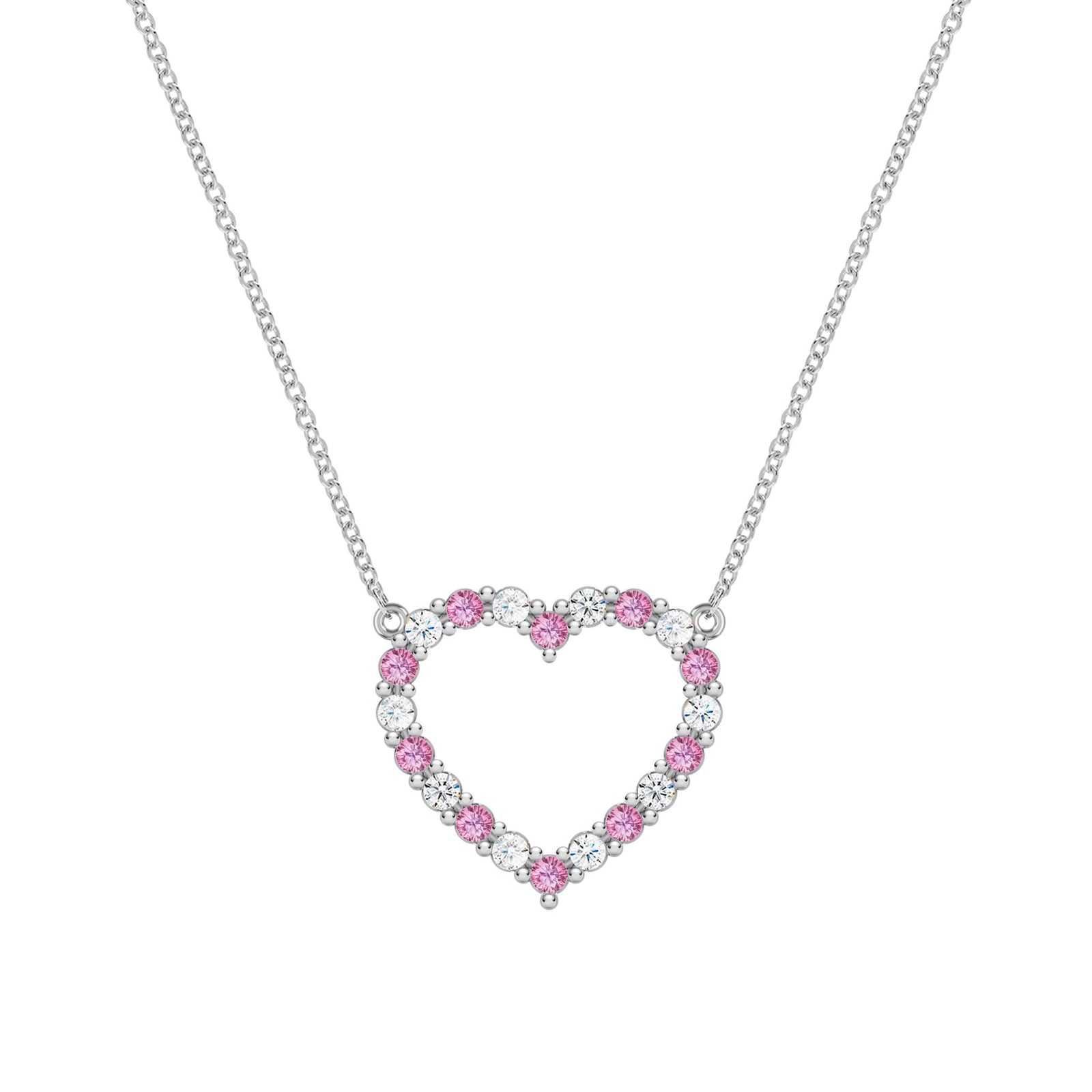 Rosecliff Heart Necklace featuring twenty alternating pink sapphires and diamonds prong set in 14k white Gold