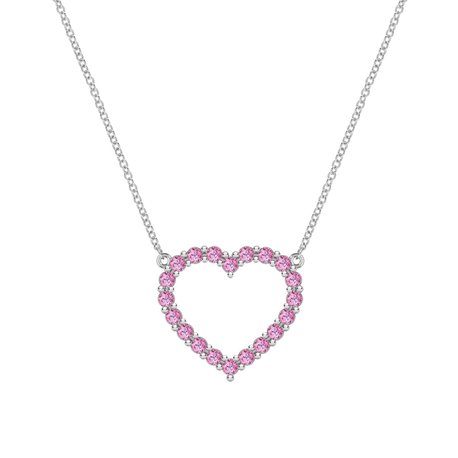 Rosecliff Heart Necklace featuring twenty faceted round cut pink sapphires prong set in 14k white Gold