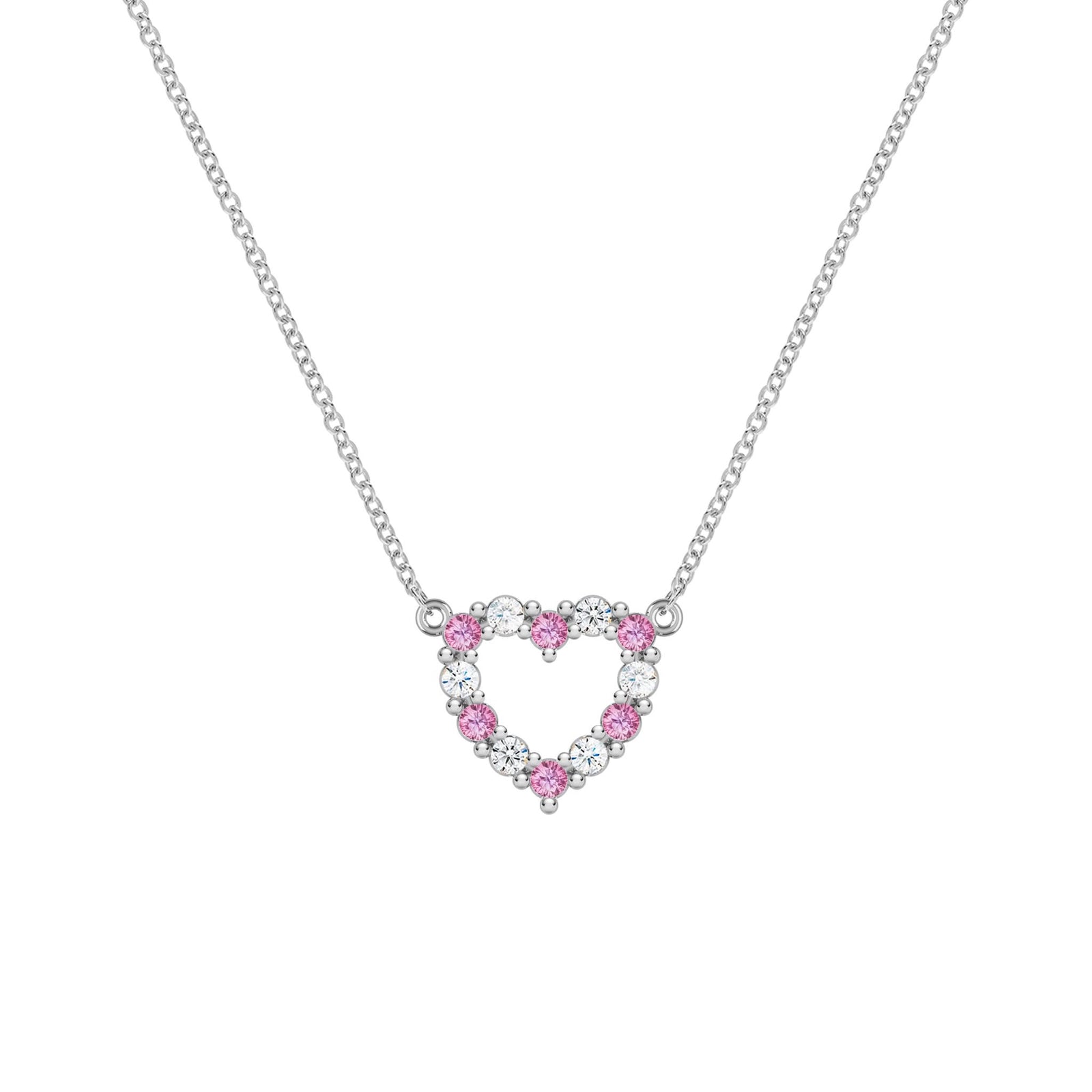 Rosecliff Heart Necklace featuring twelve alternating pink sapphires and diamonds prong set in 14k white Gold