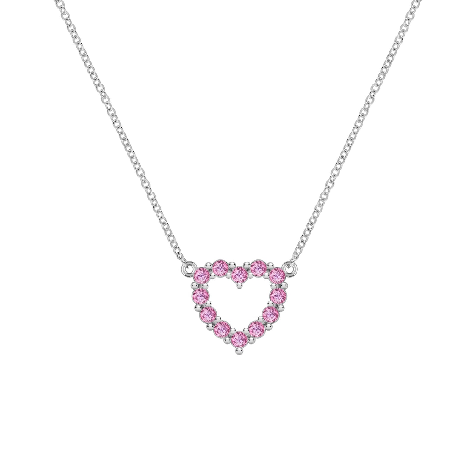 Rosecliff Heart Necklace featuring twelve faceted round cut pink sapphires prong set in 14k white Gold
