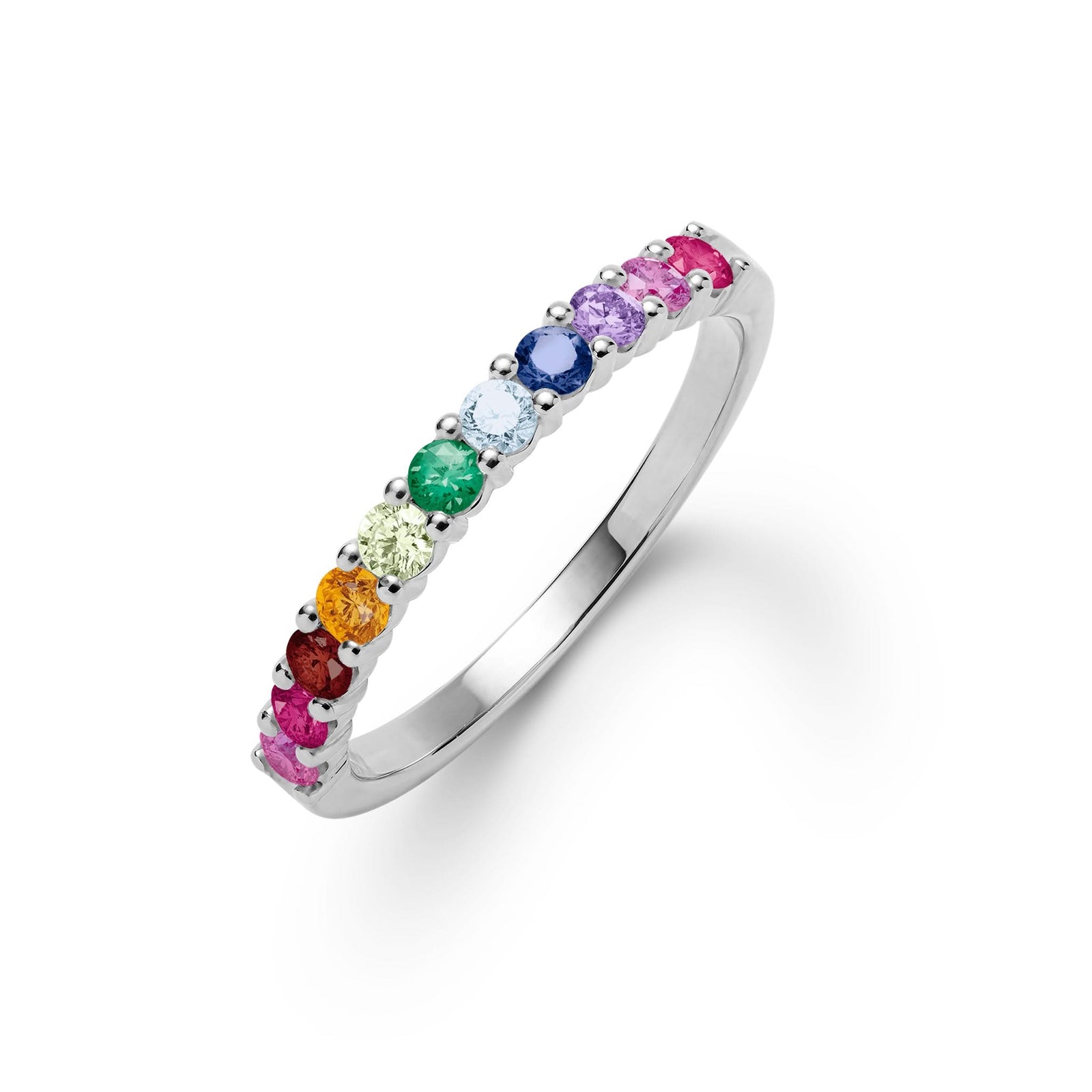 Rainbow Rosecliff stackable ring with 2mm rubies, citrines, emeralds, sapphires, amethysts and pink sapphires in 14k White Gold - front view