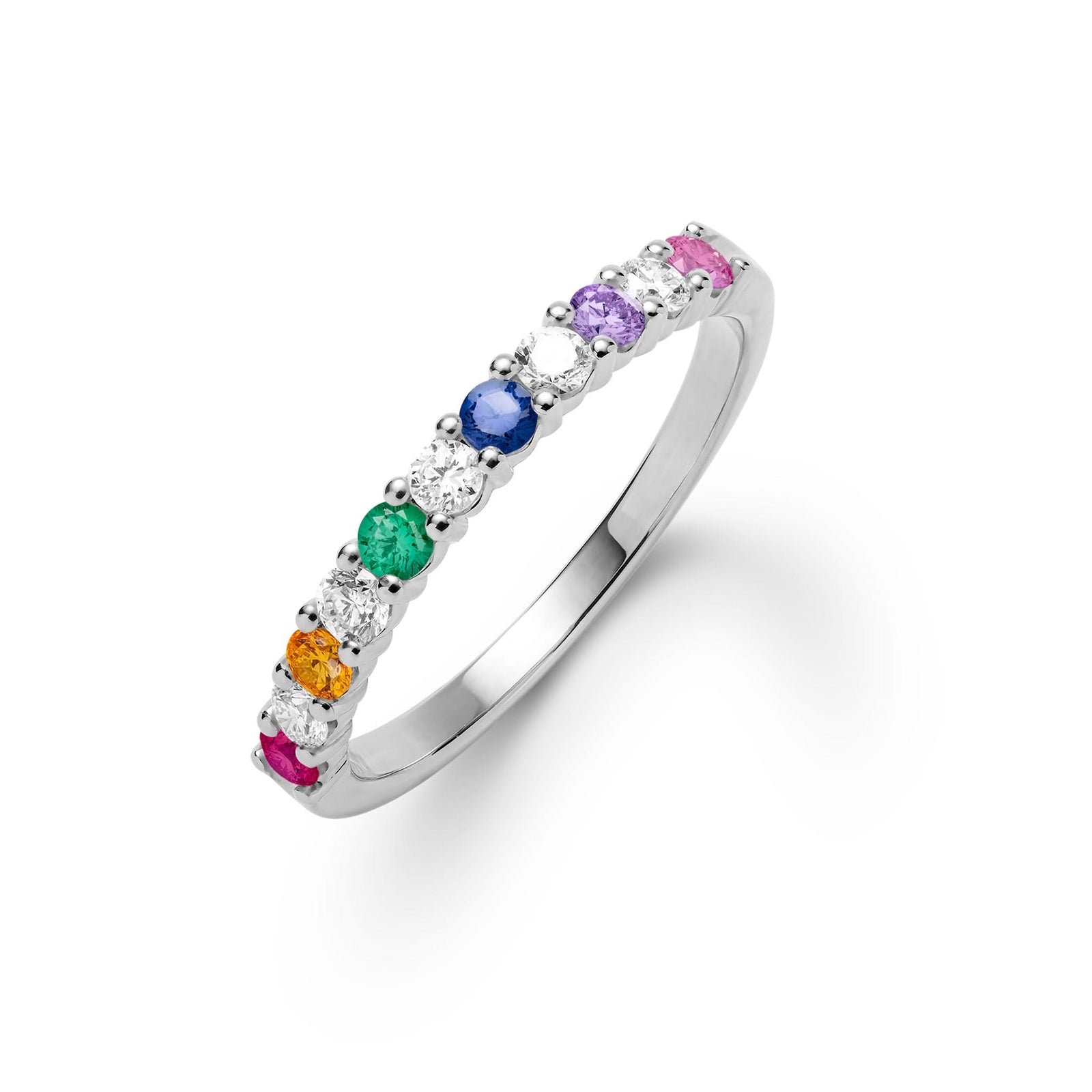 Rainbow Rosecliff stackable ring with 2mm rubies, citrines, emeralds, sapphires, amethysts, pink sapphires, and diamonds in 14k White Gold - front view
