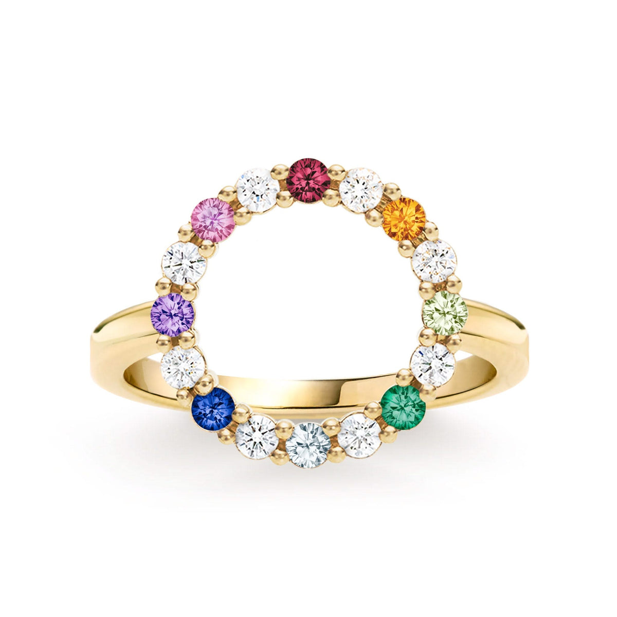 Personalized Rainbow Rosecliff Circle Ring in 14k gold with accent diamonds - front view