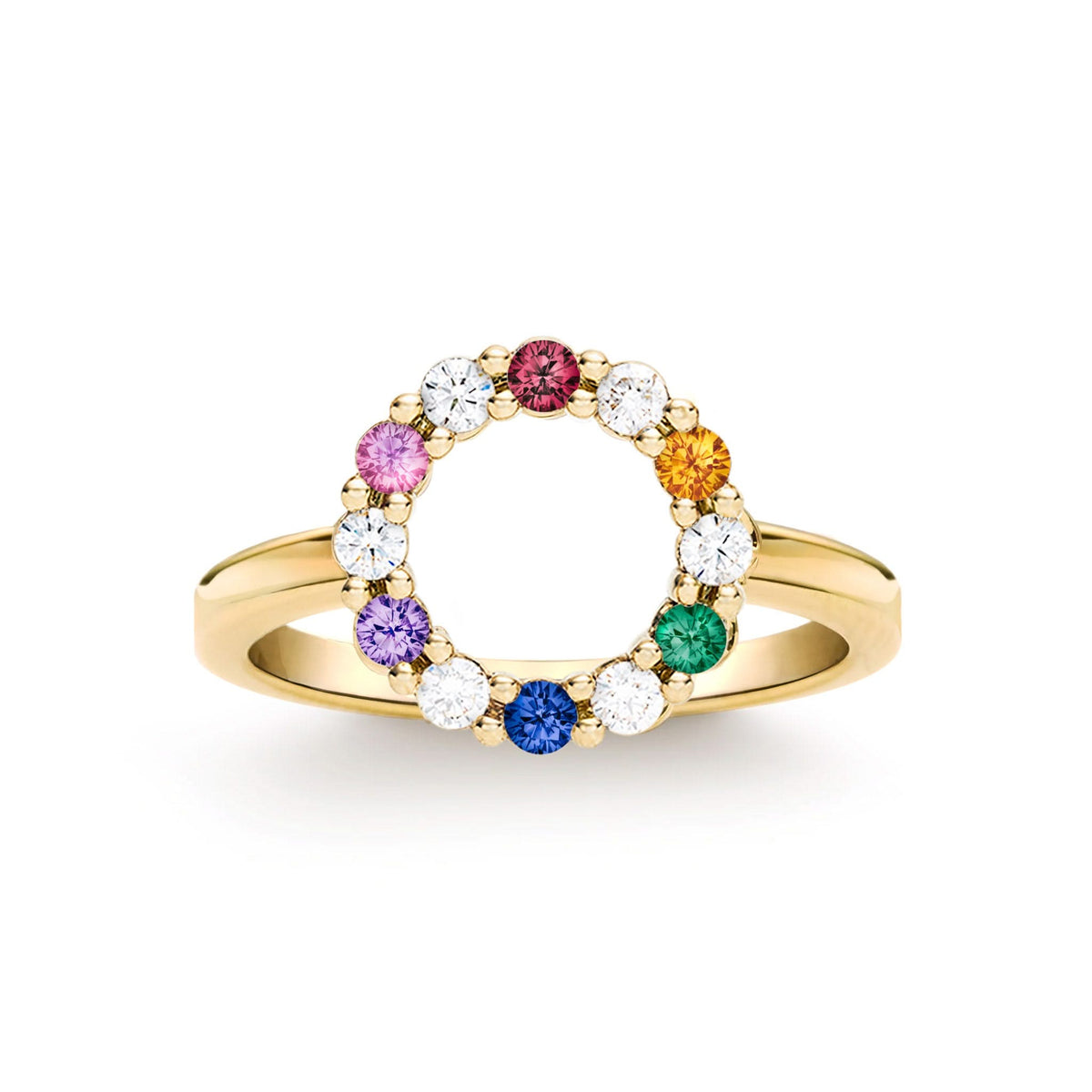 Rainbow Rosecliff Small Circle Ring with six rainbow hued gemstones alternating with six 2 mm diamonds set in solid 14k gold - front view