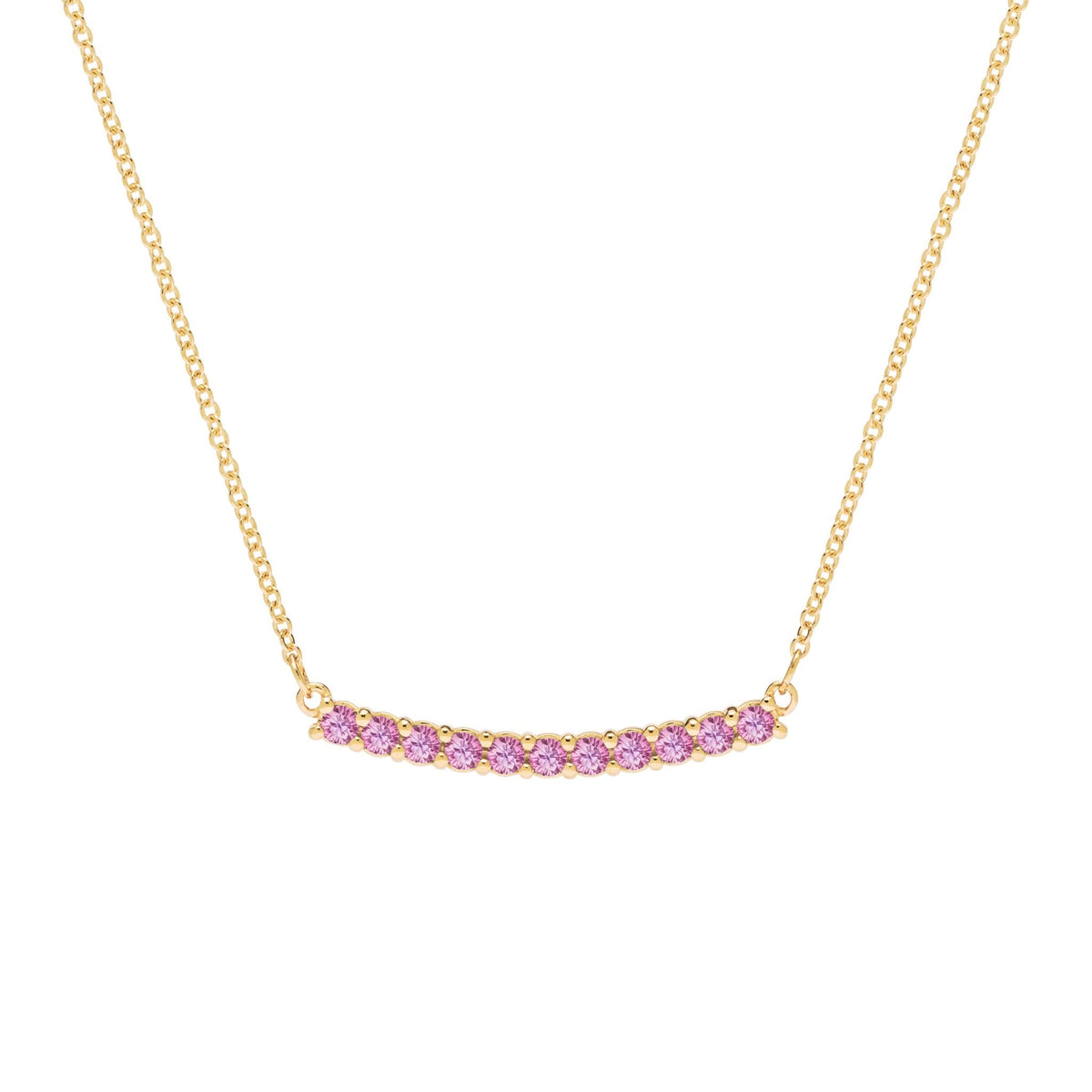 Rosecliff bar necklace with eleven 2 mm faceted round cut pink sapphires prong set in solid 14k yellow gold - front view