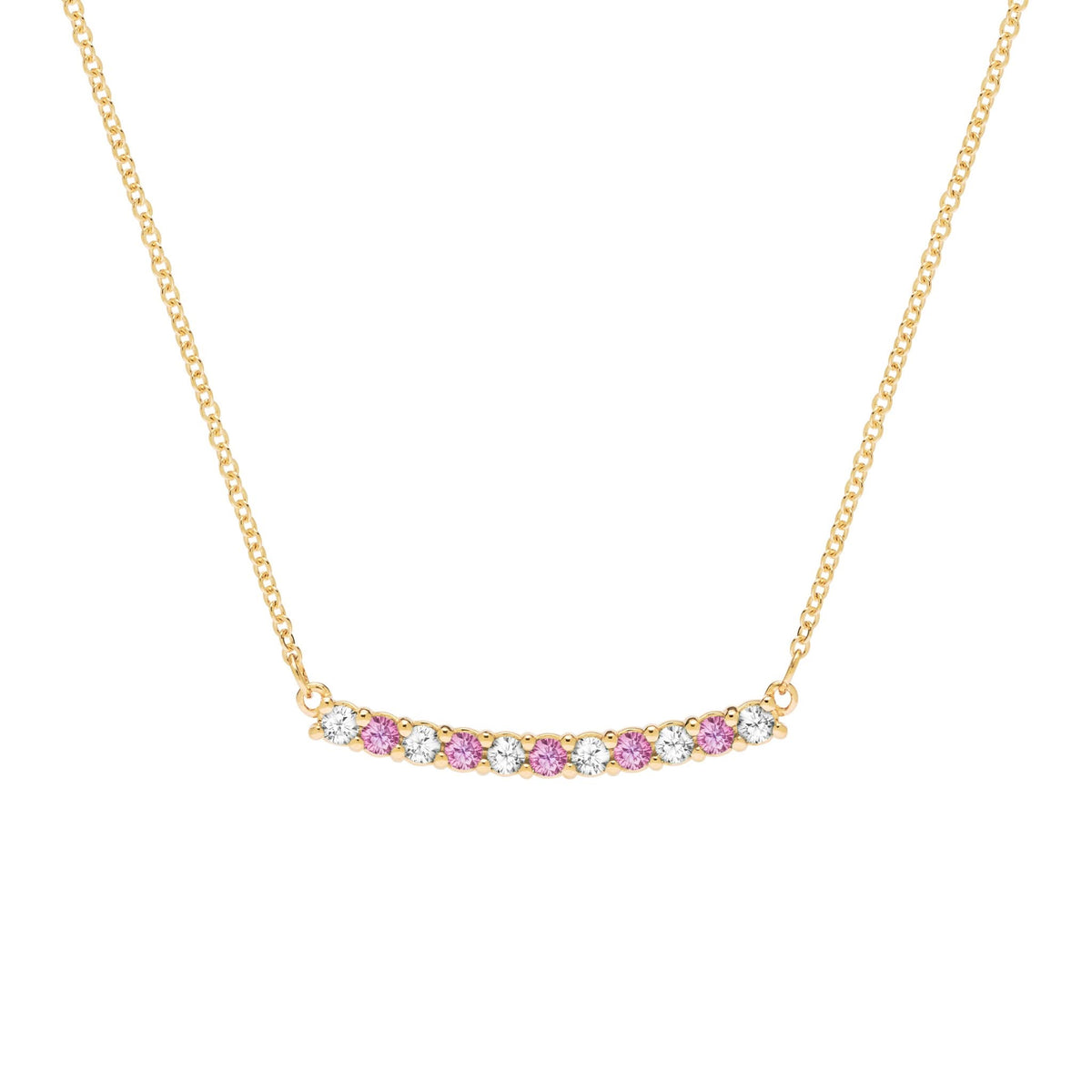 Rosecliff bar necklace with eleven alternating 2 mm round cut pink sapphires & diamonds prong set in 14k gold - front view
