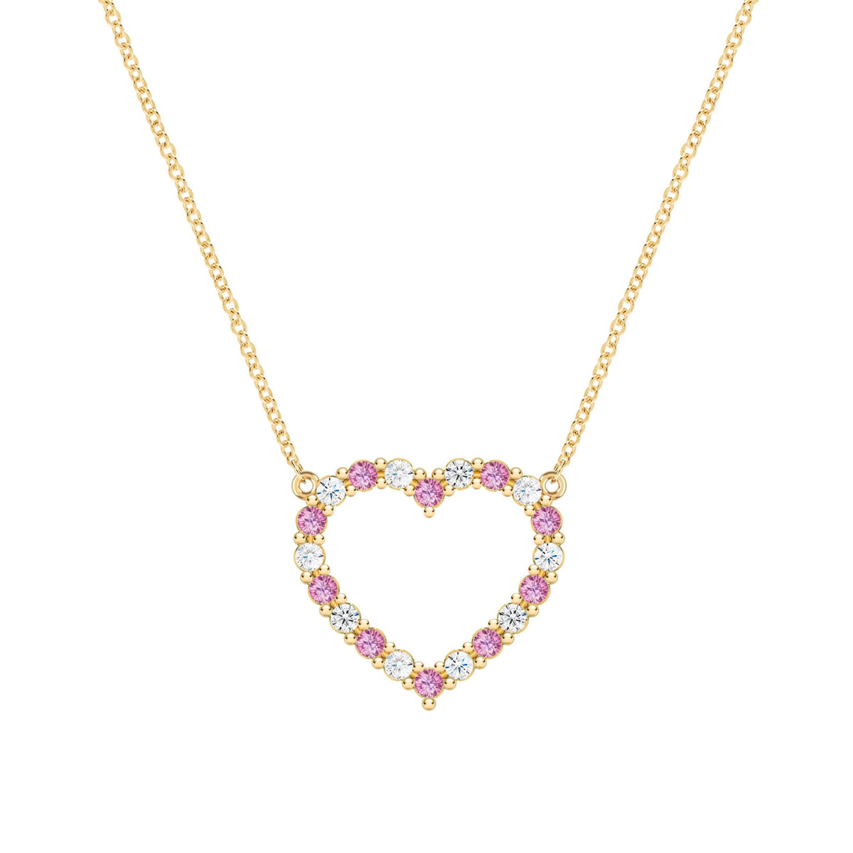 Rosecliff Heart Necklace featuring twenty alternating pink sapphires and diamonds prong set in 14k Gold - front view