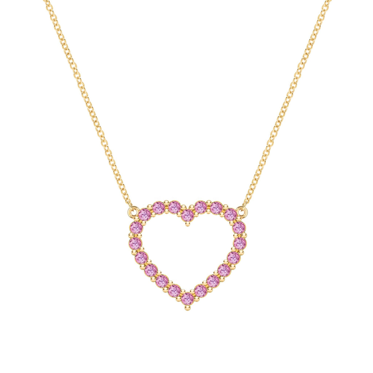 Rosecliff Heart Necklace featuring twenty faceted round cut pink sapphires prong set in 14k yellow Gold - front view