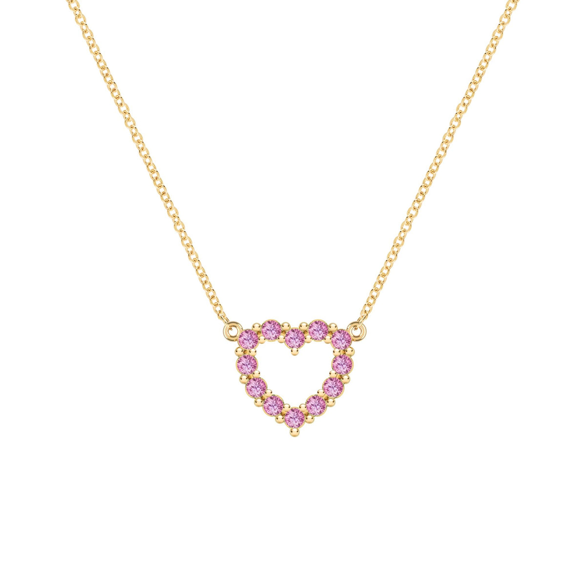 Rosecliff Heart Necklace featuring twelve faceted round cut pink sapphires prong set in 14k yellow Gold - front view