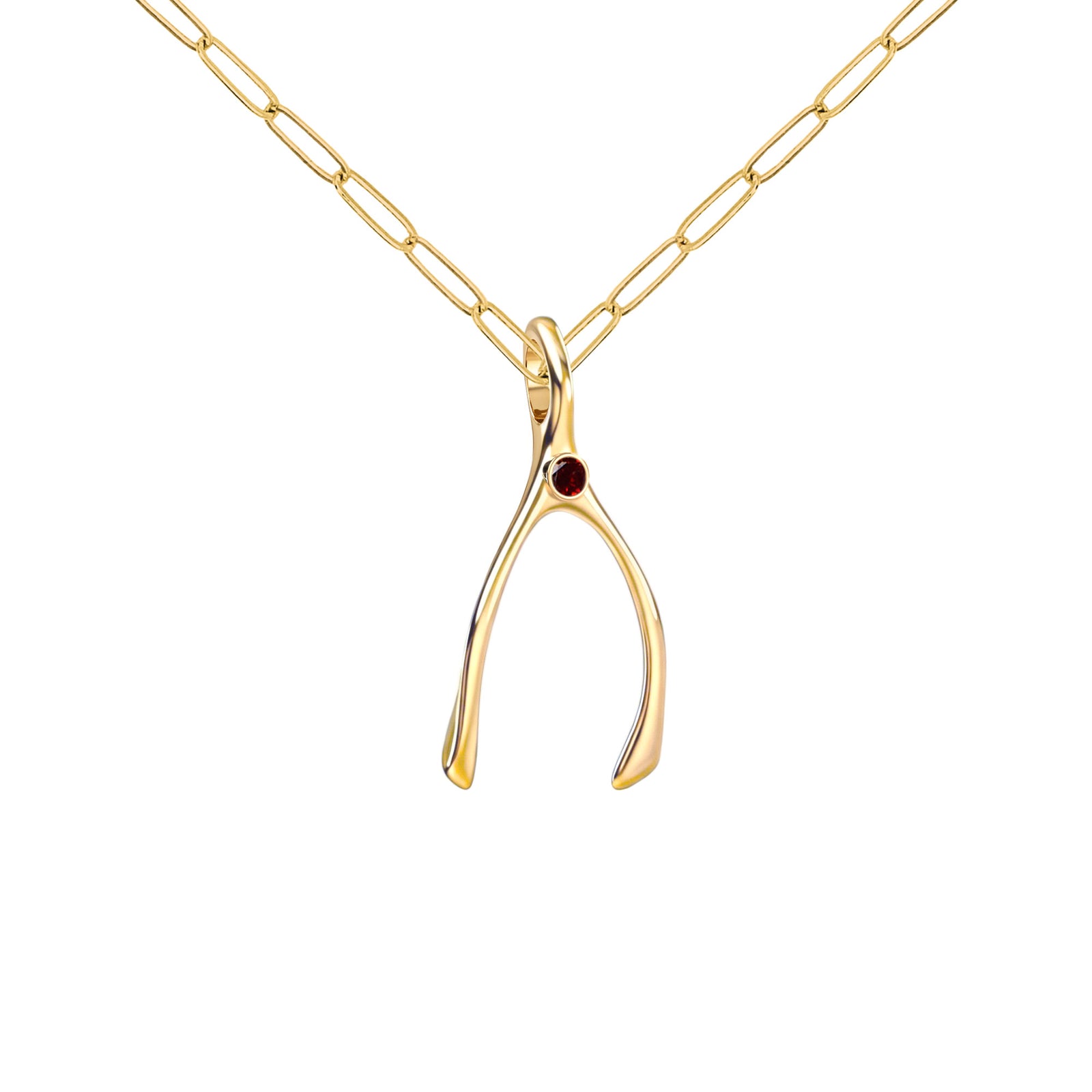 Small Garnet Wishbone Pendant in Solid 14k Gold (January)