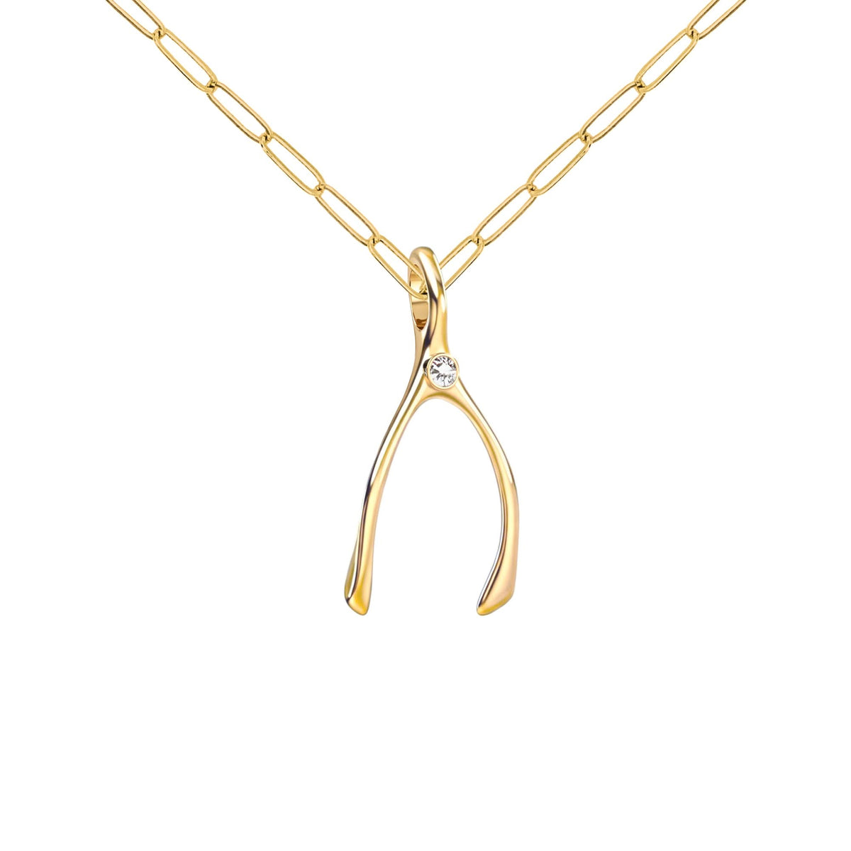 Small Diamond Wishbone Pendant in Solid 14k Gold (April)