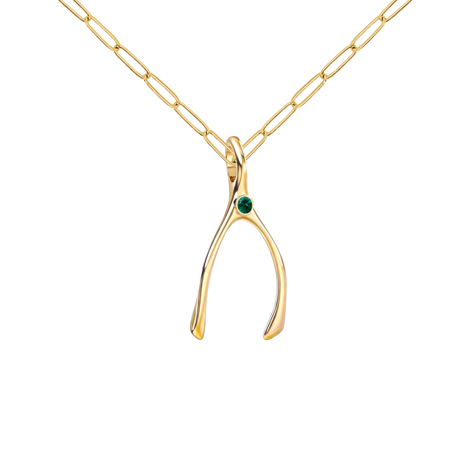 Small Emerald Wishbone Pendant in Solid 14k Gold (May)