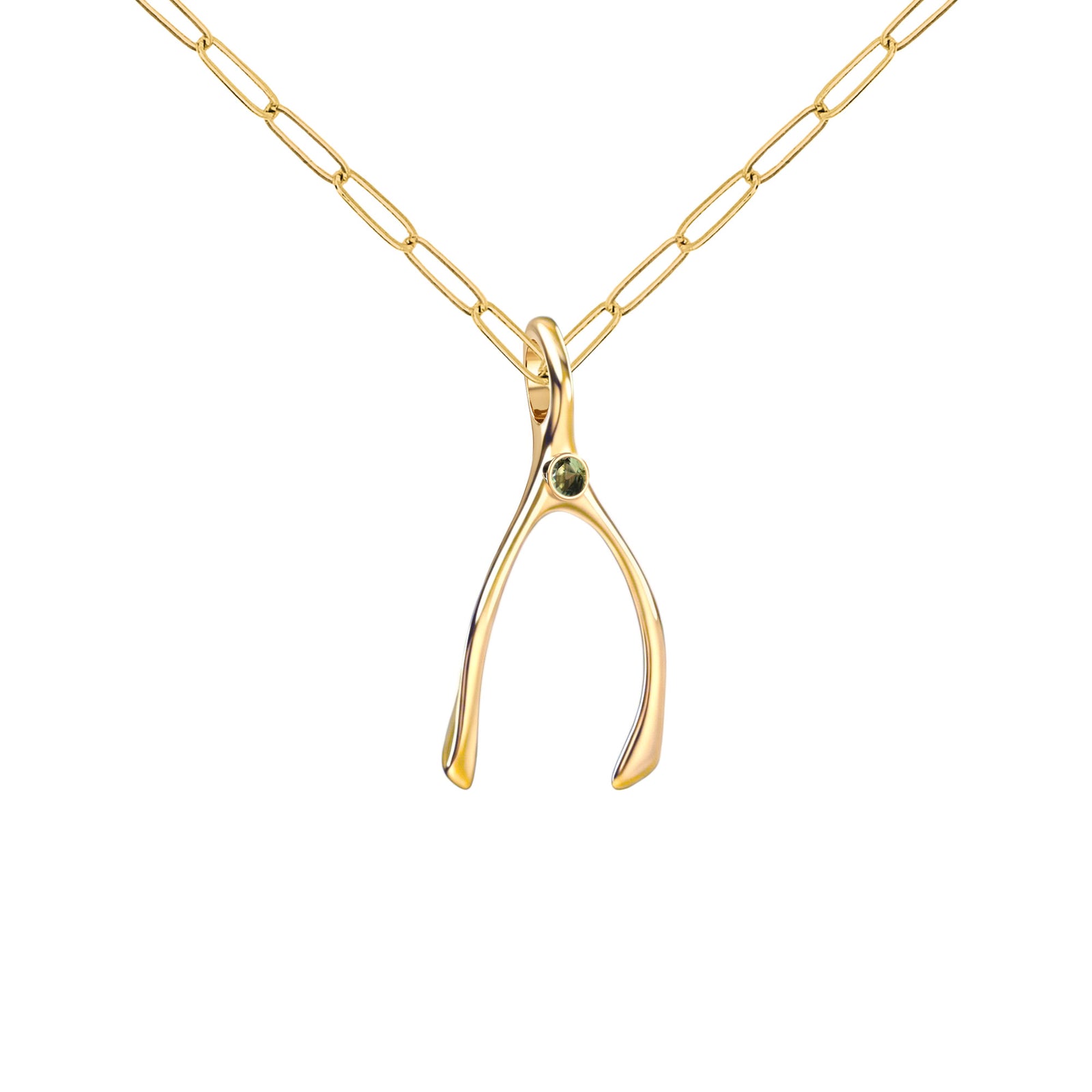 Small Peridot Wishbone Pendant in Solid 14k Gold (August)