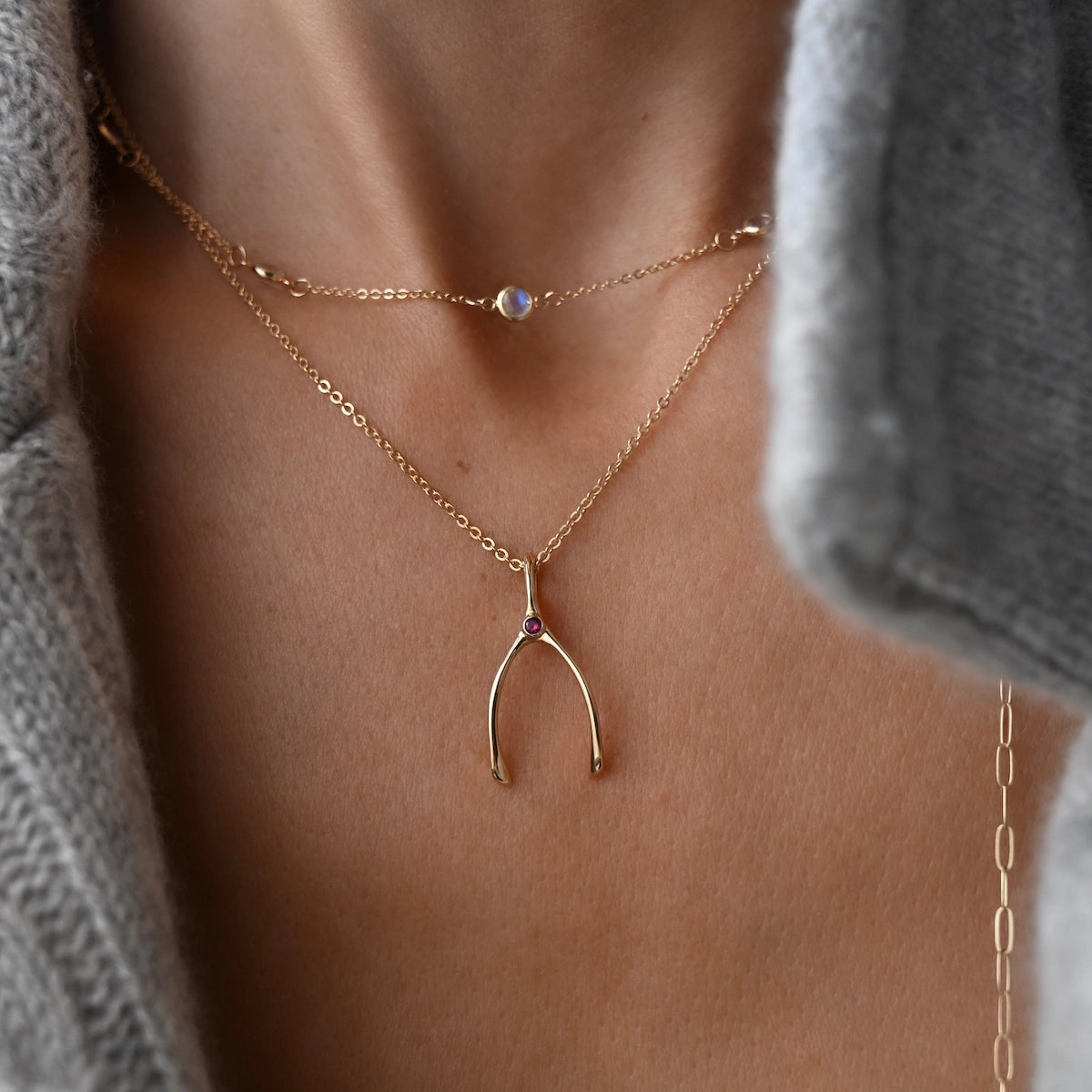 Small Wishbone Birthstone Pendant in 14K Gold