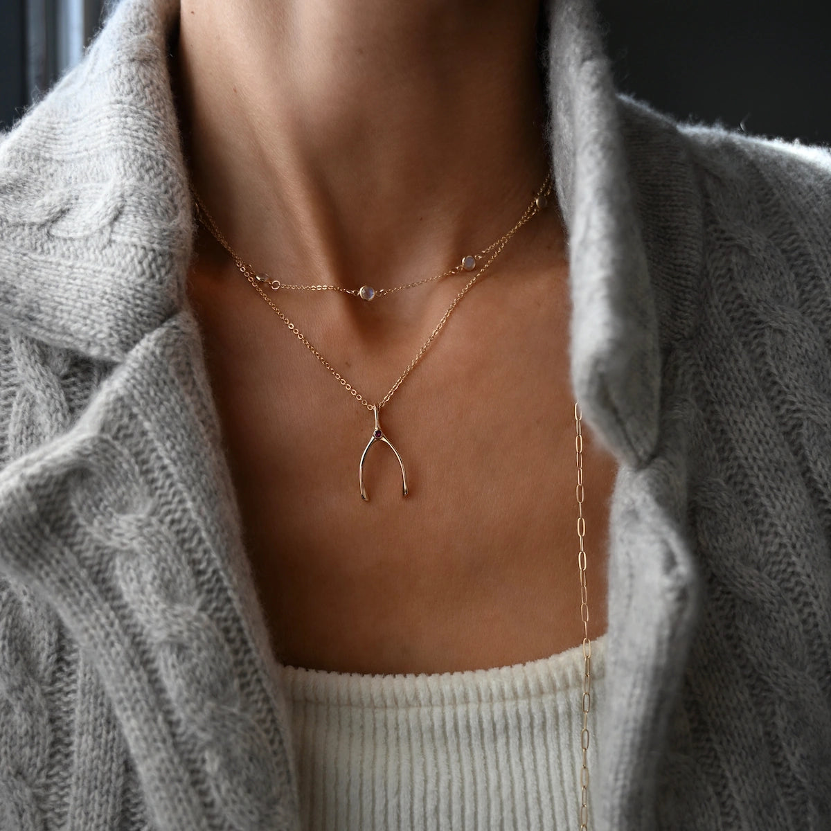 Small Wishbone Birthstone Pendant in 14K Gold