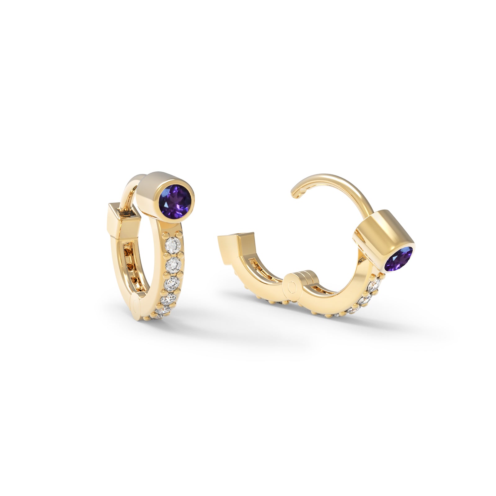 Tiny Amethyst Huggie Hoops with Diamonds in 14k Gold (February)