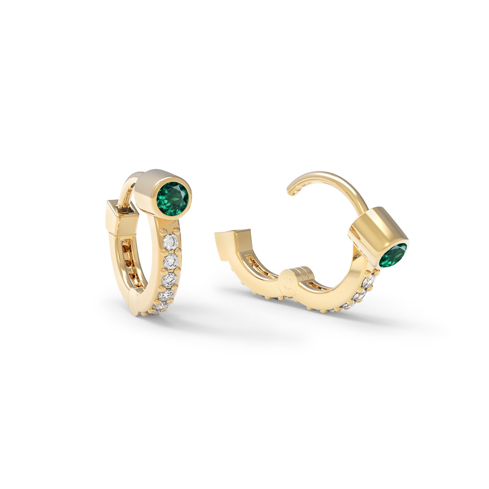 Tiny Emerald Huggie Hoops with Diamonds in 14k Gold (May)