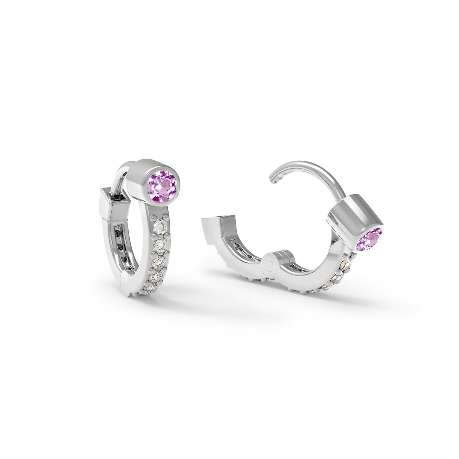 Tiny Pink Sapphire Huggie Hoops with Diamonds in 14k Gold (October)