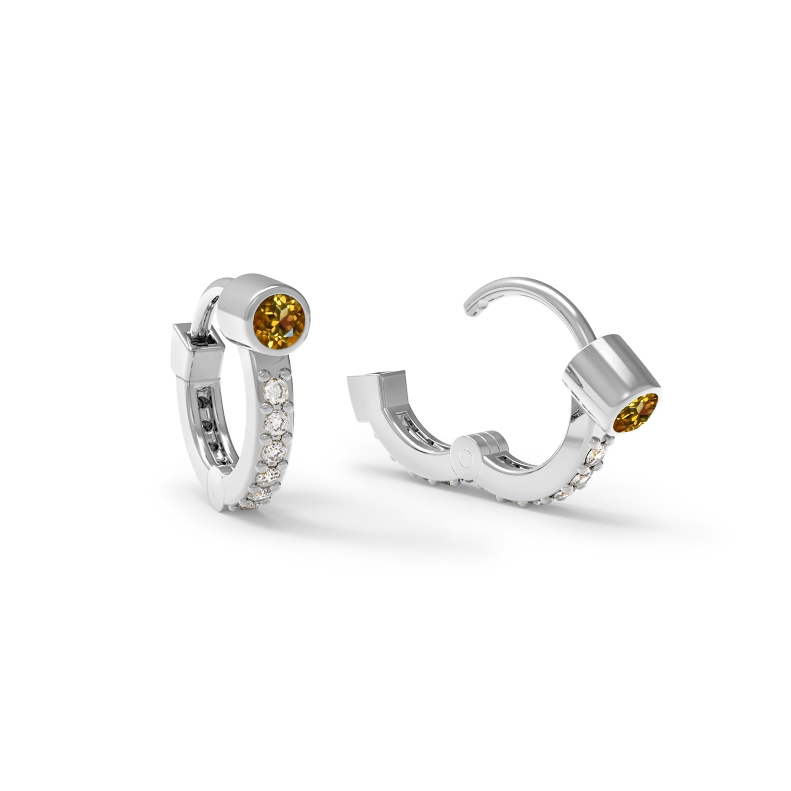 Tiny Citrine Huggie Hoops with Diamonds in 14k Gold (November)