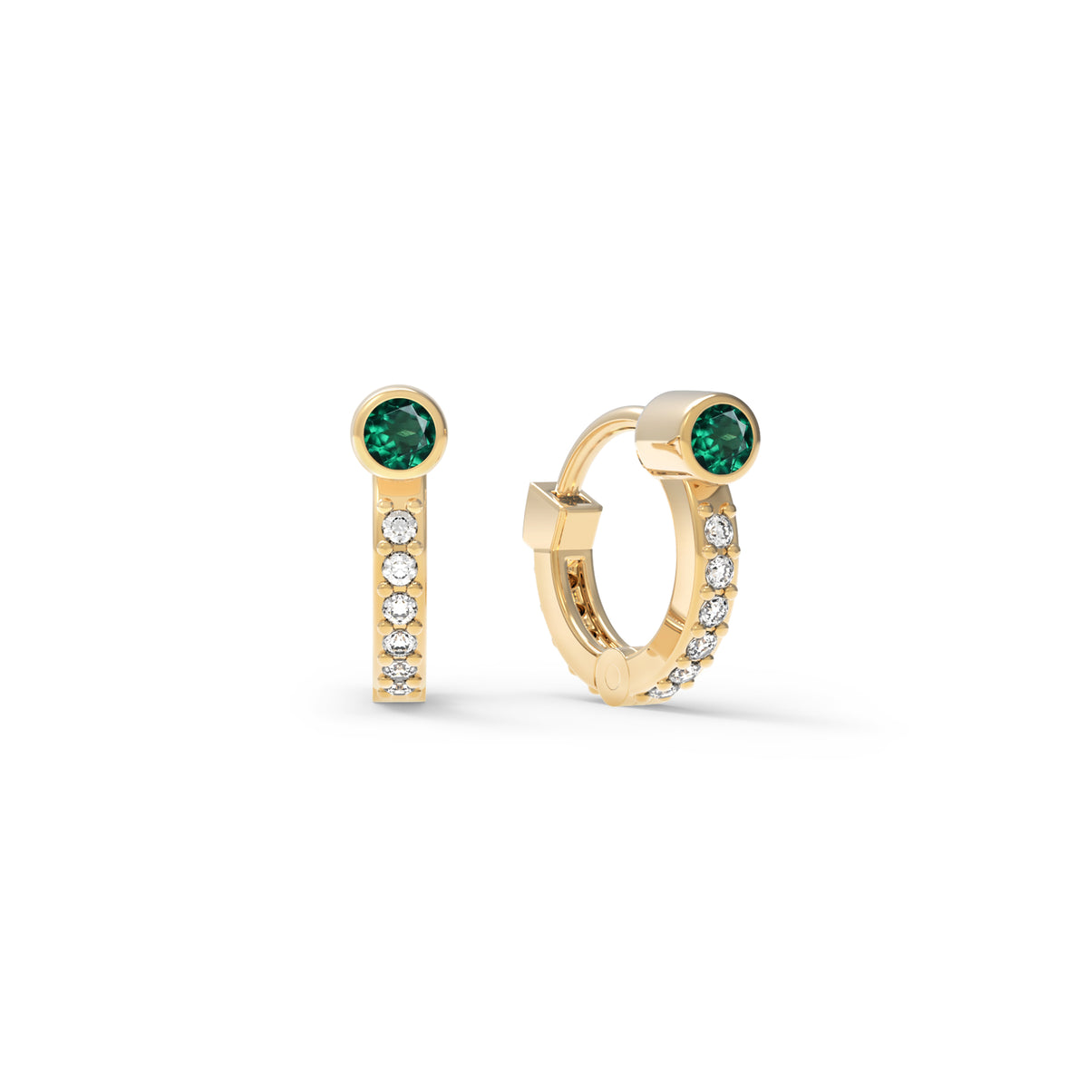 Tiny Emerald Huggie Hoops with Diamonds in 14k Gold (May)