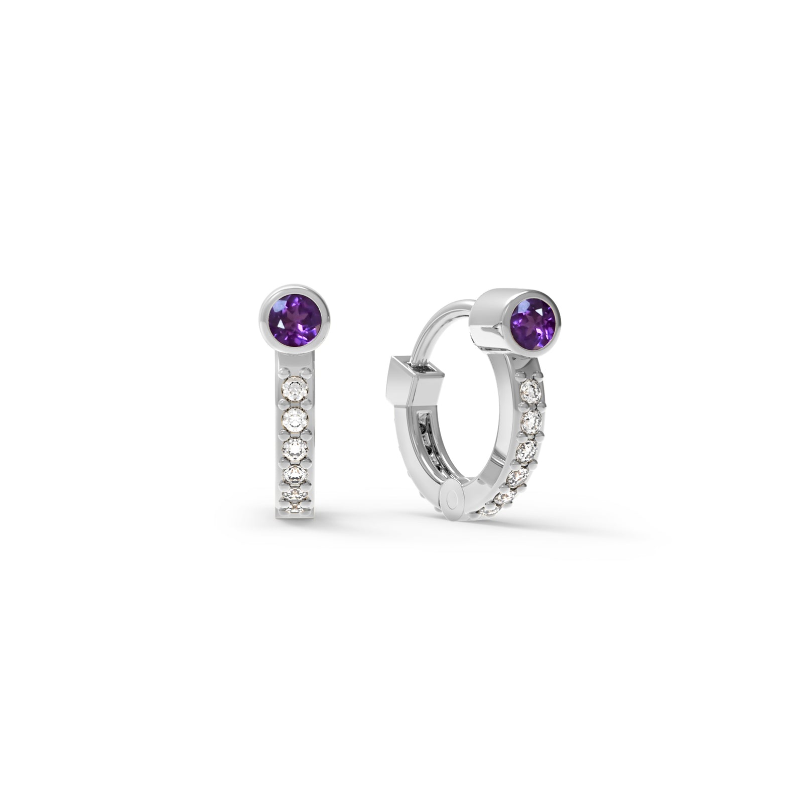 Tiny Amethyst Huggie Hoops with Diamonds in 14k Gold (February)