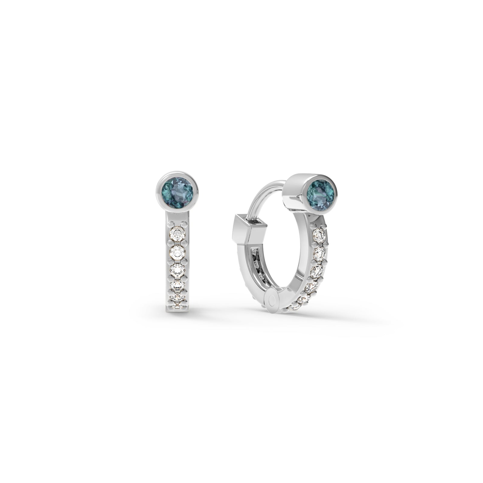 Tiny Alexandrite Huggie Hoops with Diamonds in 14k Gold (June)