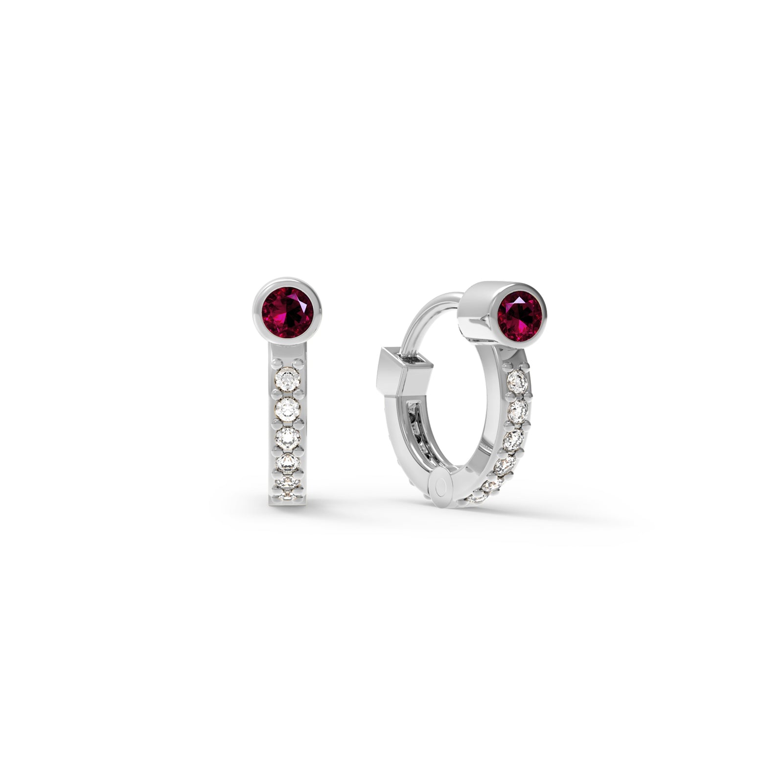 Tiny Ruby Huggie Hoops with Diamonds in 14k Gold (July)