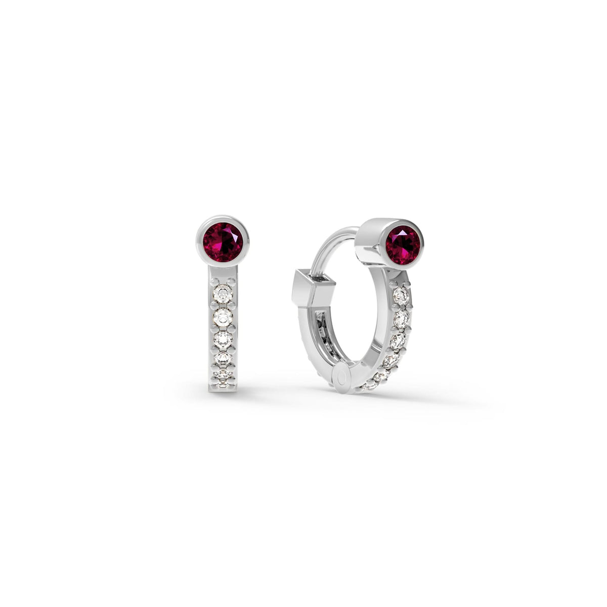 Tiny Ruby Huggie Hoops with Diamonds in 14k Gold (July)